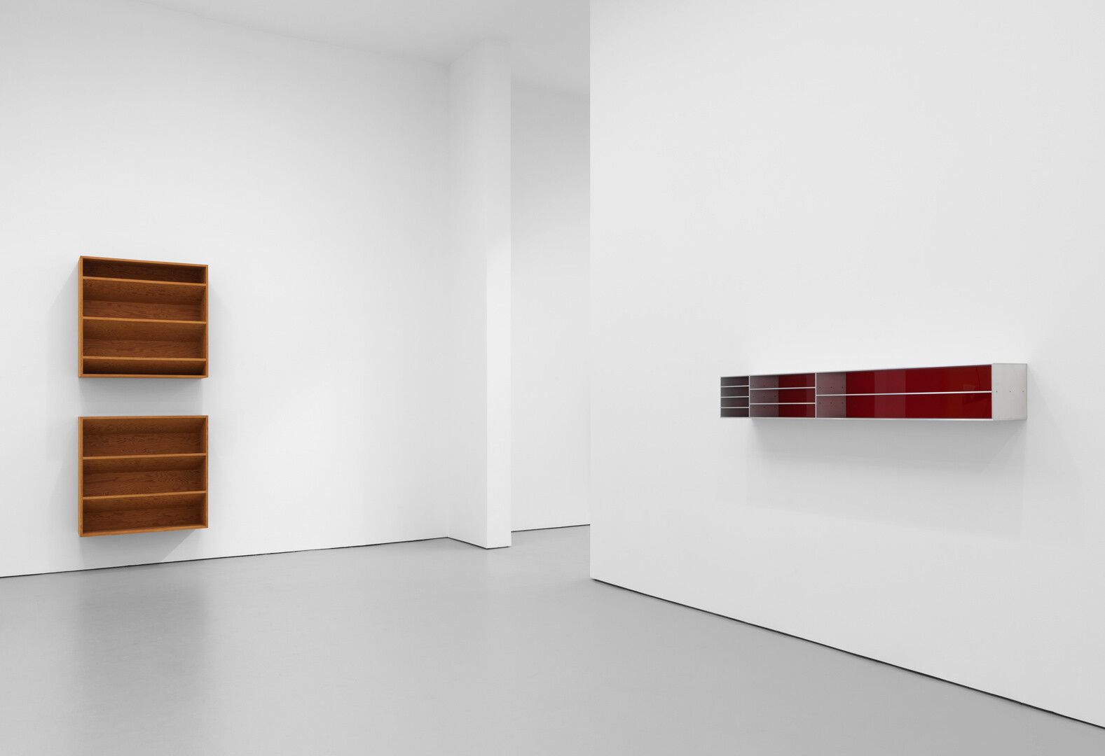 An installation view of an exhibition titled Donald Judd Artworks: 1970–1994, at David Zwirner, New York, in 2020.