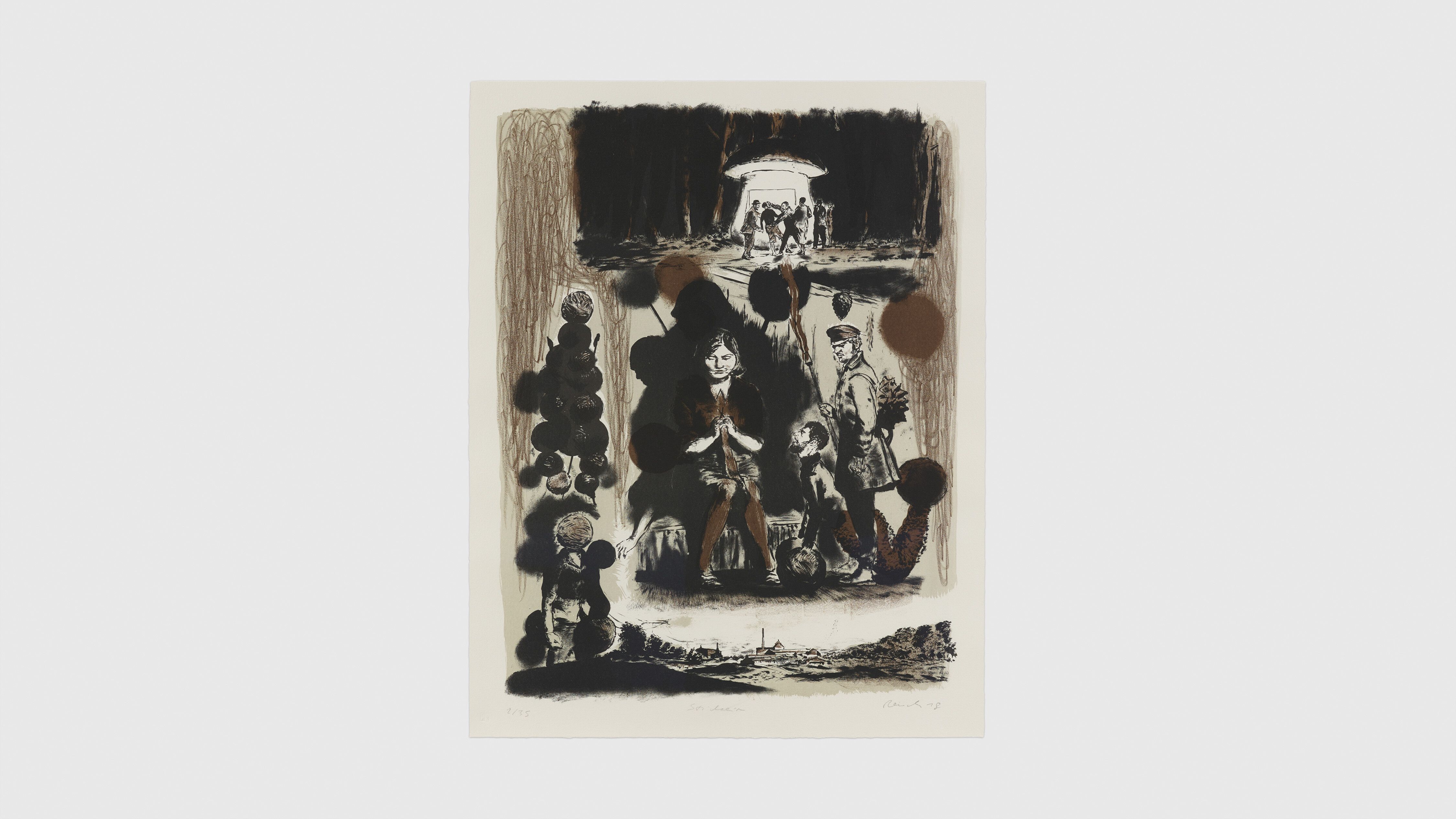 A three-color lithograph on Hahnemühle Alt Worms paper by Neo Rauch, titled Strickerin, dated 2018.