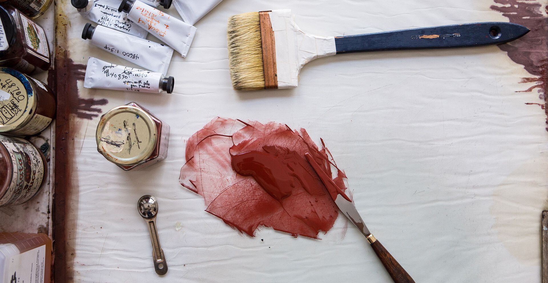 A photo pf painting materials in Suzan Frecon's studio in 2020.