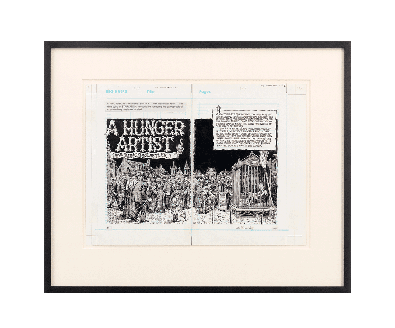 A drawing by R. Crumb, titled Kafka for Beginners, Pages 144-145, dated 1993. 