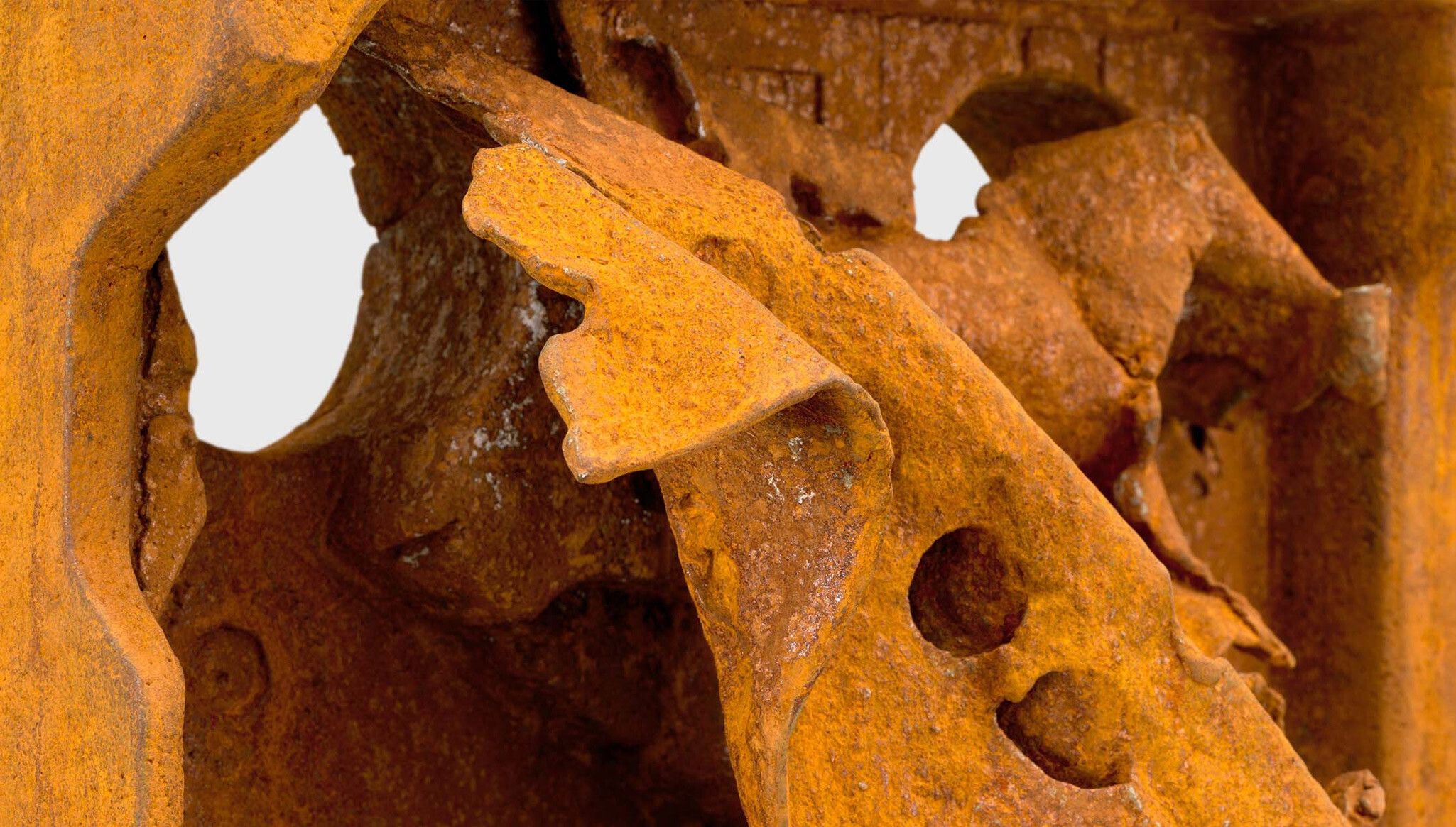 A detail of a sculpture by Huma Bhabha, title Lodger, dated 2024