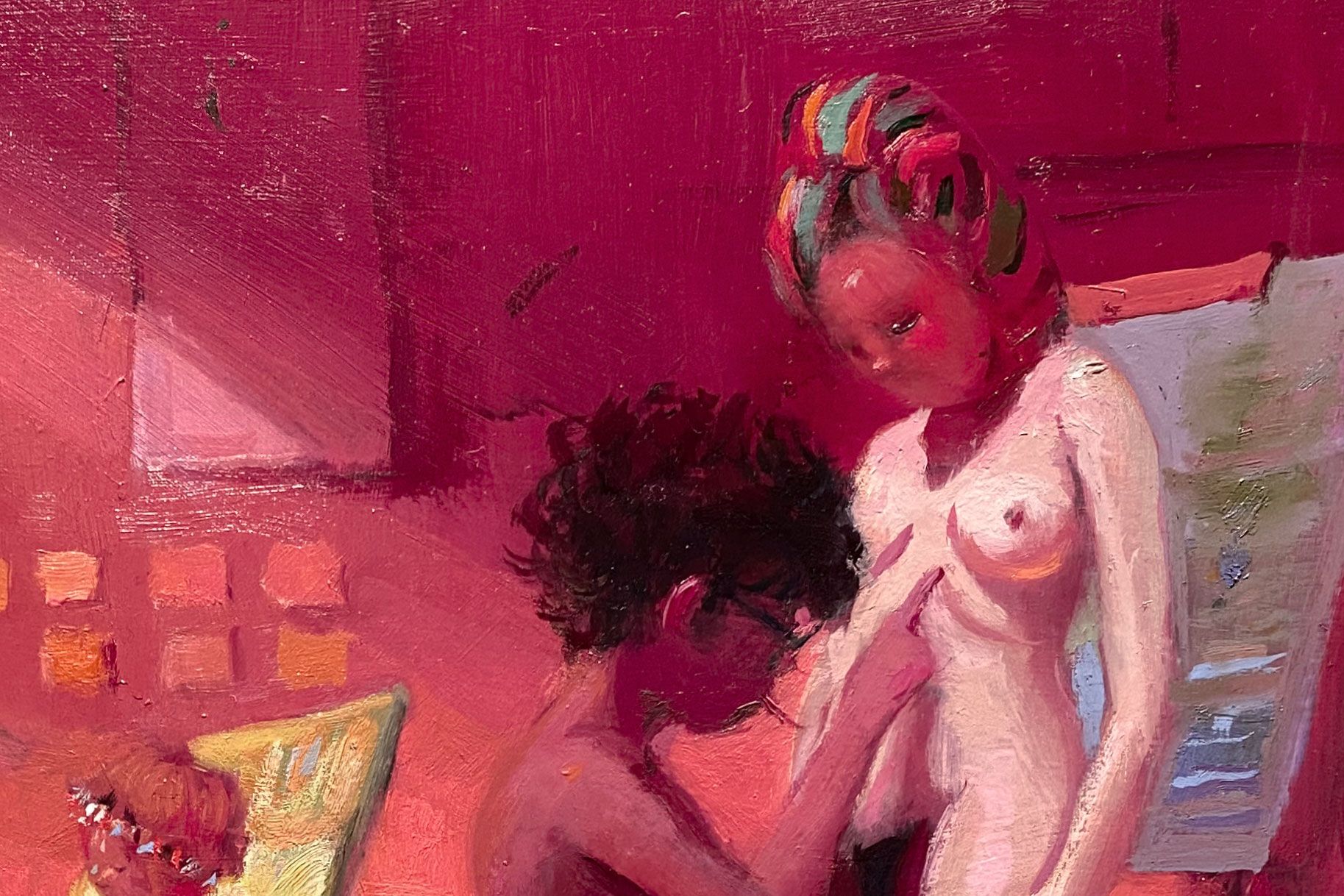 A detail from a painting by Lisa Yuskavage, titled Small Department of Painting Drawing and Sculpture, dated 2019