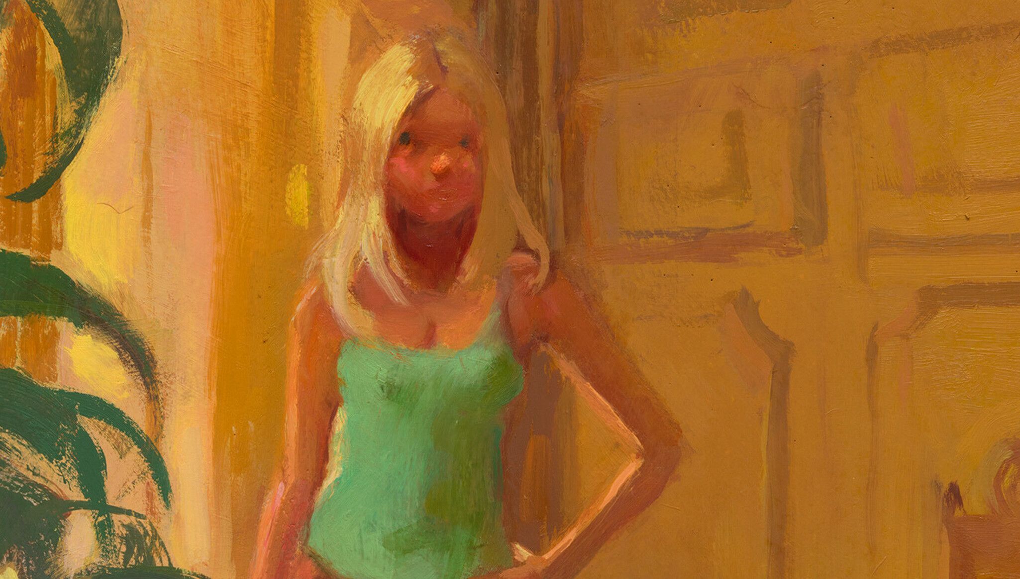 A detail of an artwork by Lisa Yuskavage, titled Tank Top Tondo, dated 2023