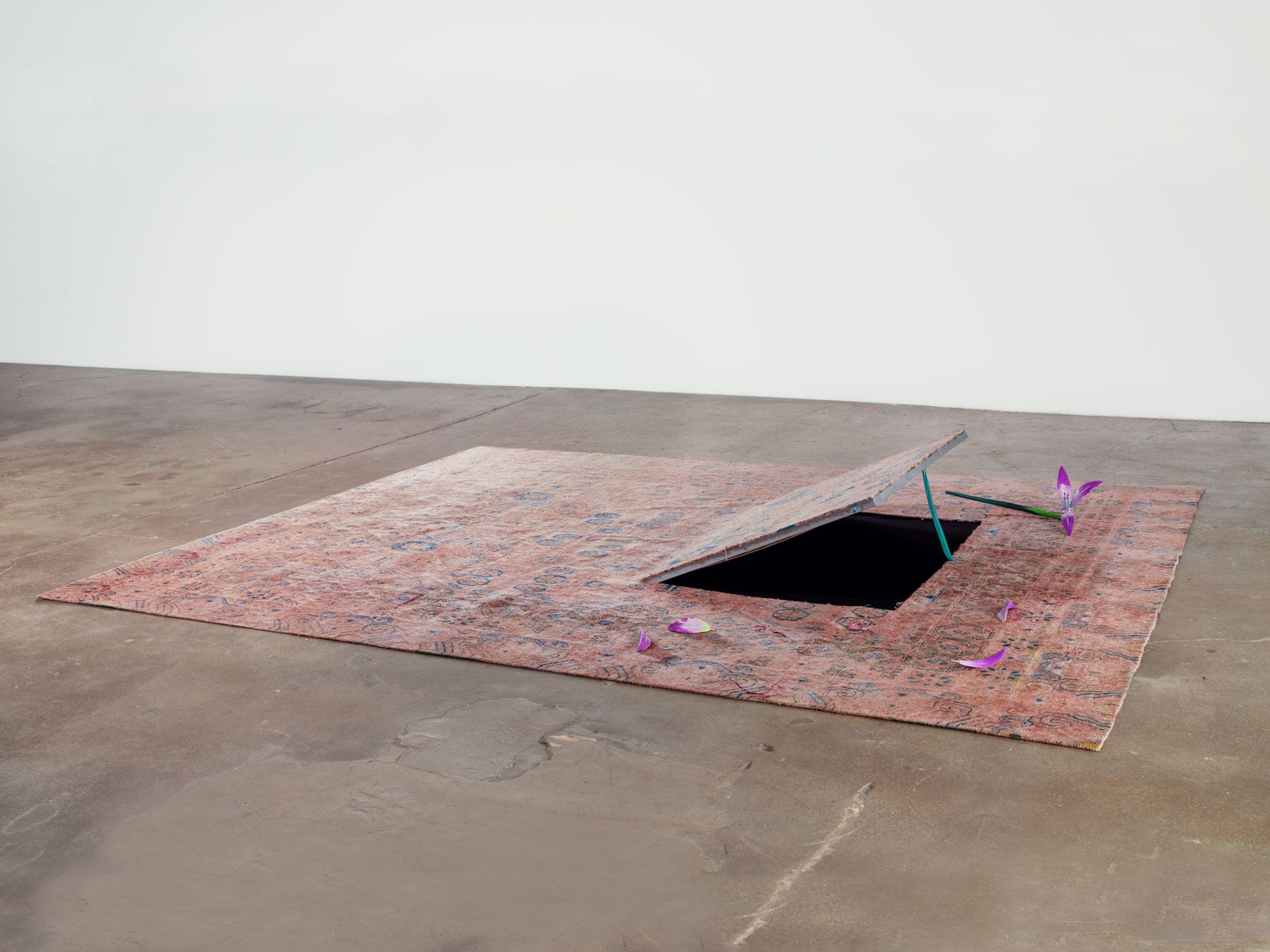 An Overdyed silk rug by Alex Da Corte titled Behind The Green Door dated 2015