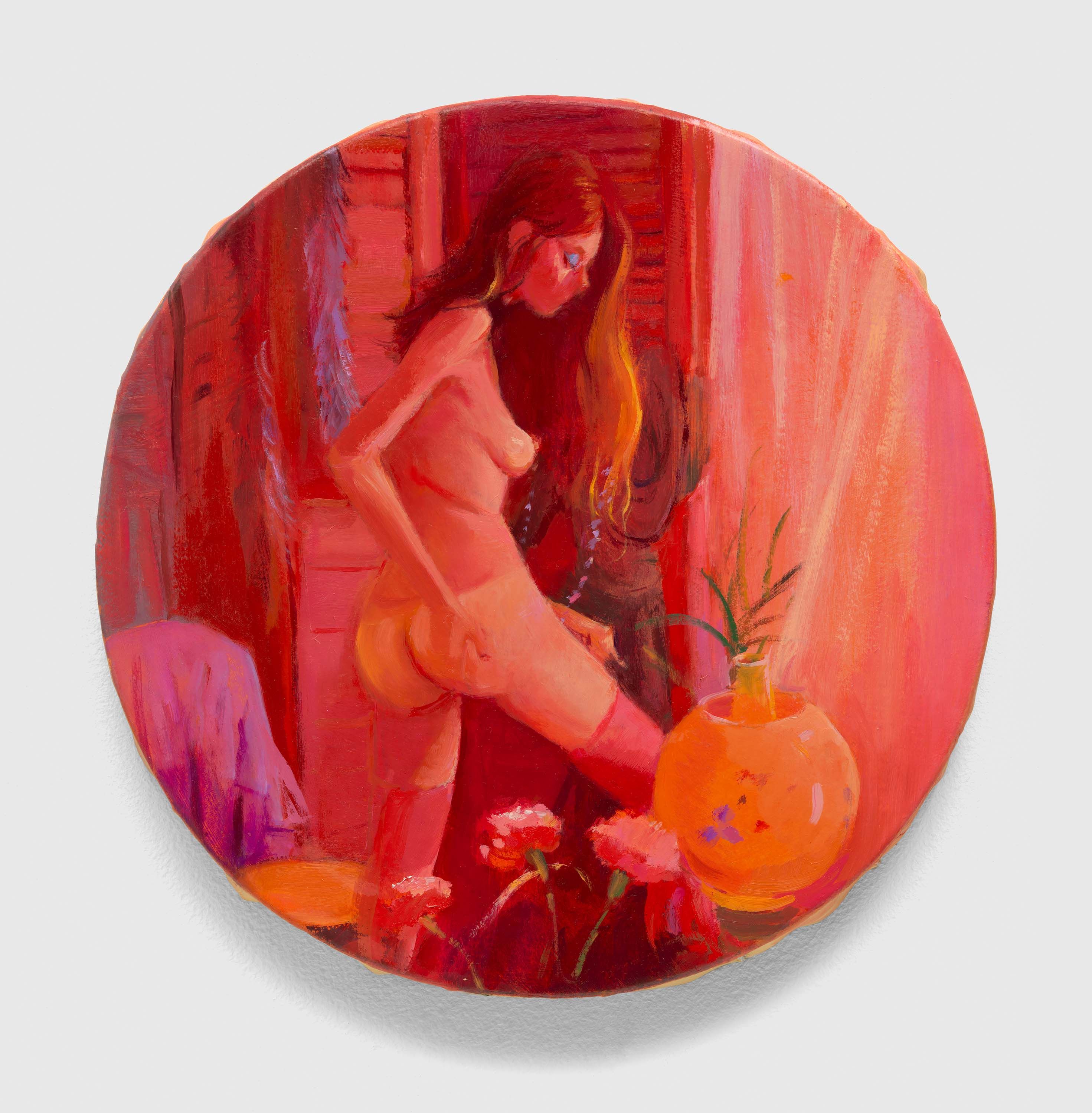 An oil on linen painting by Lisa Yuskavage, titled Butt Tondo, dated 2022.