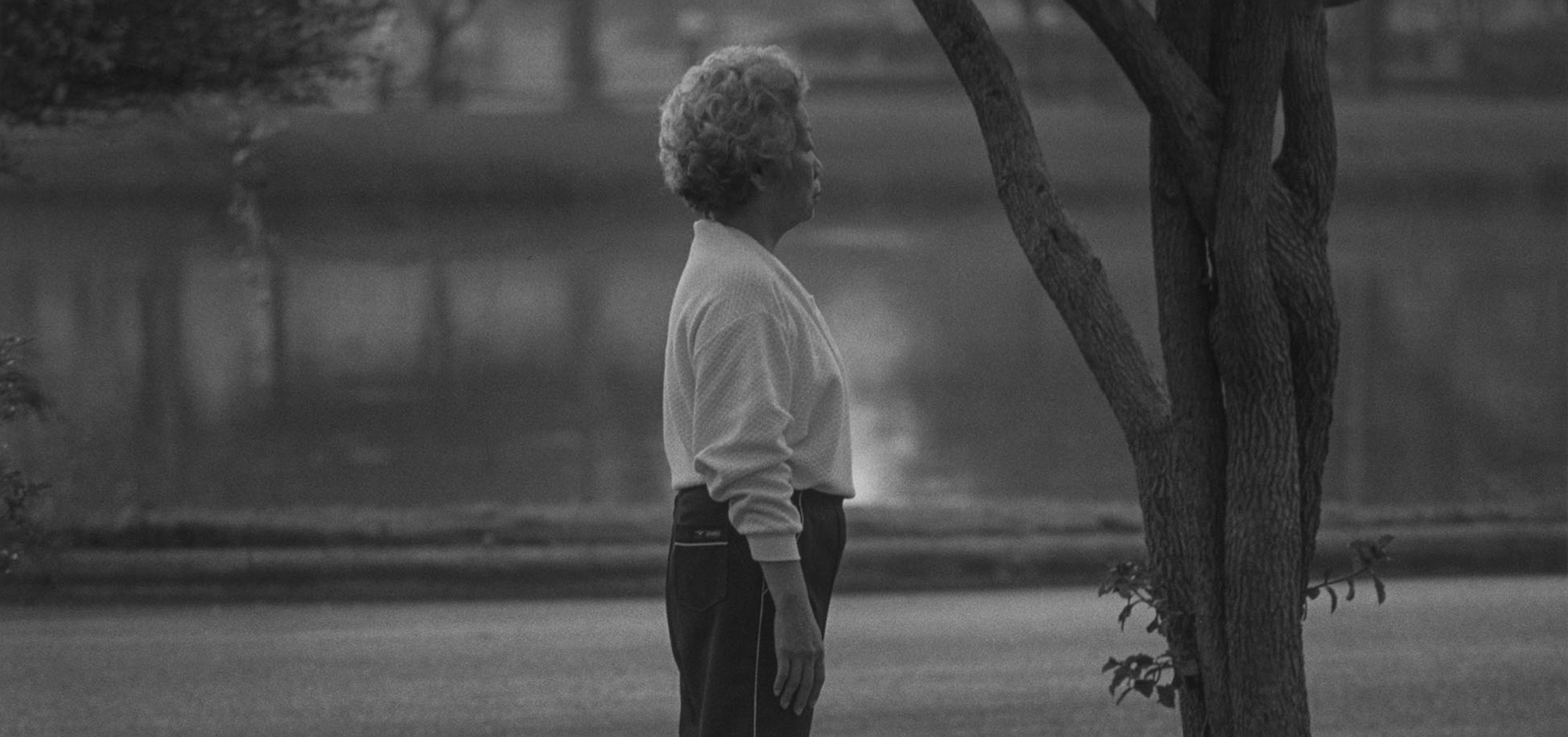 A photo by Roy DeCarava, titled Woman standing, tree, dated 1987.