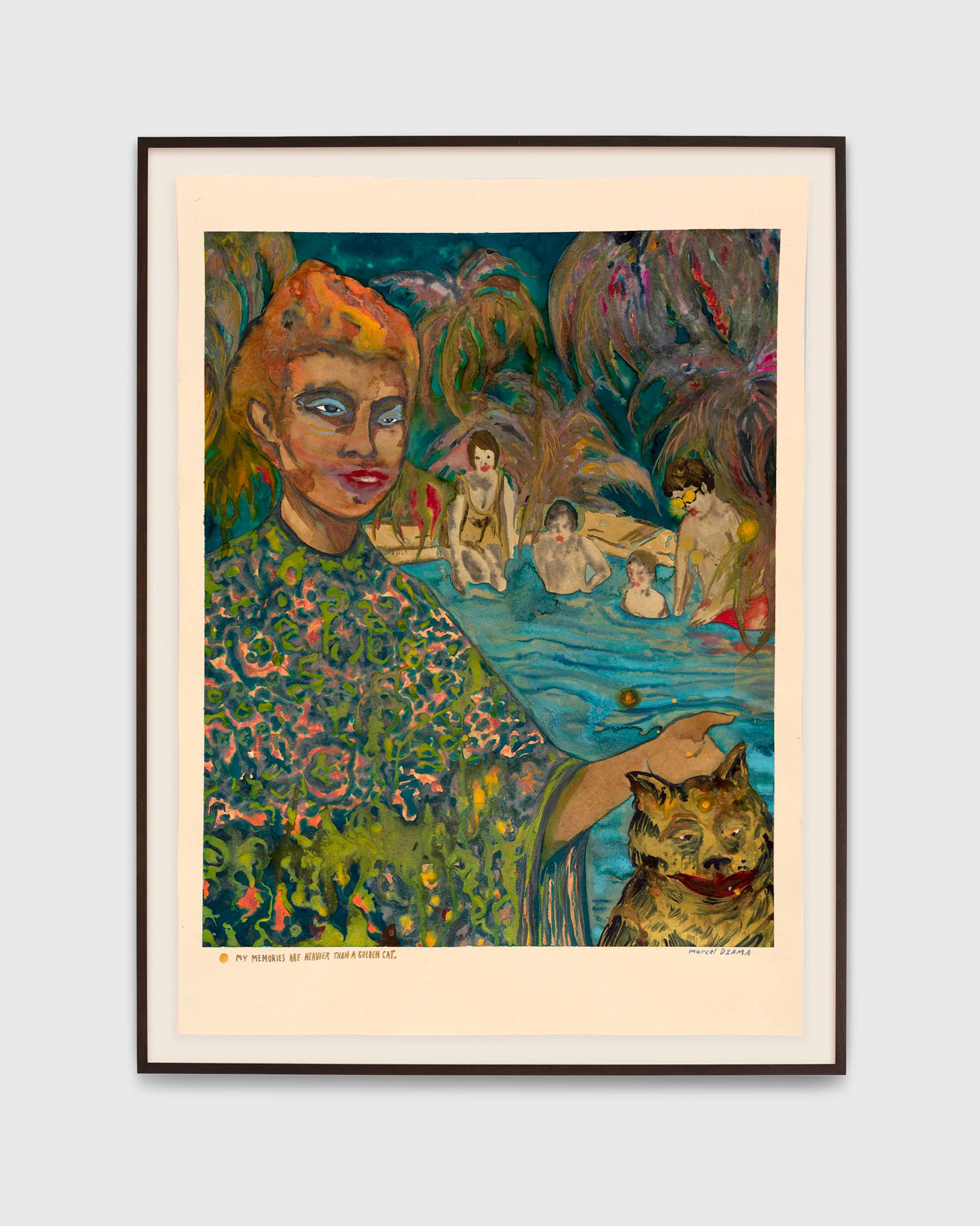 A work on paper by Marcel Dzama, titled My memories are heavier than a golden cat, dated 2022.