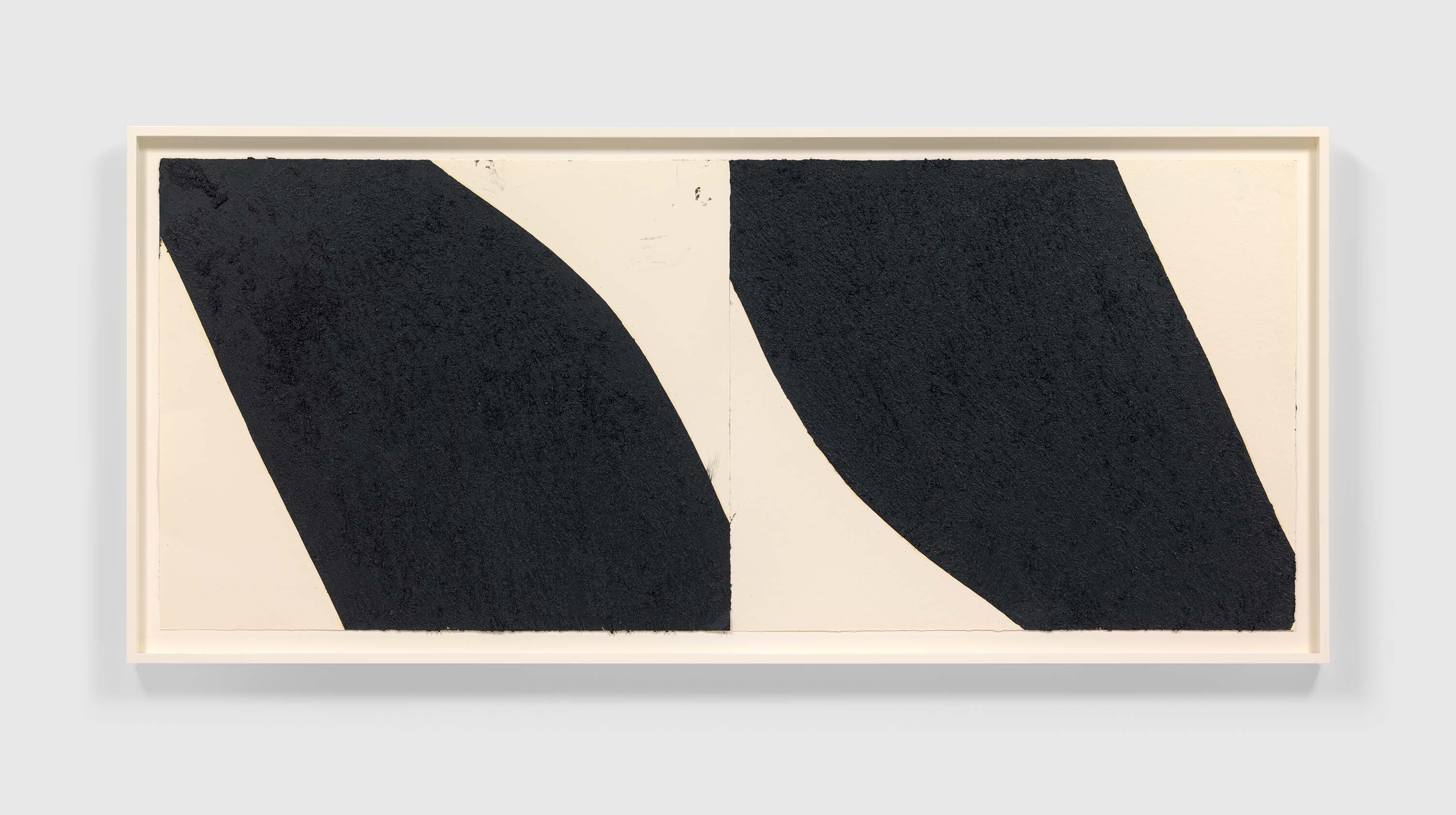 A paintstick, etching ink, and silica on two (2) sheets of handmade paper artwork by Richard Serra, titled Beat the Devil, dated 2021.