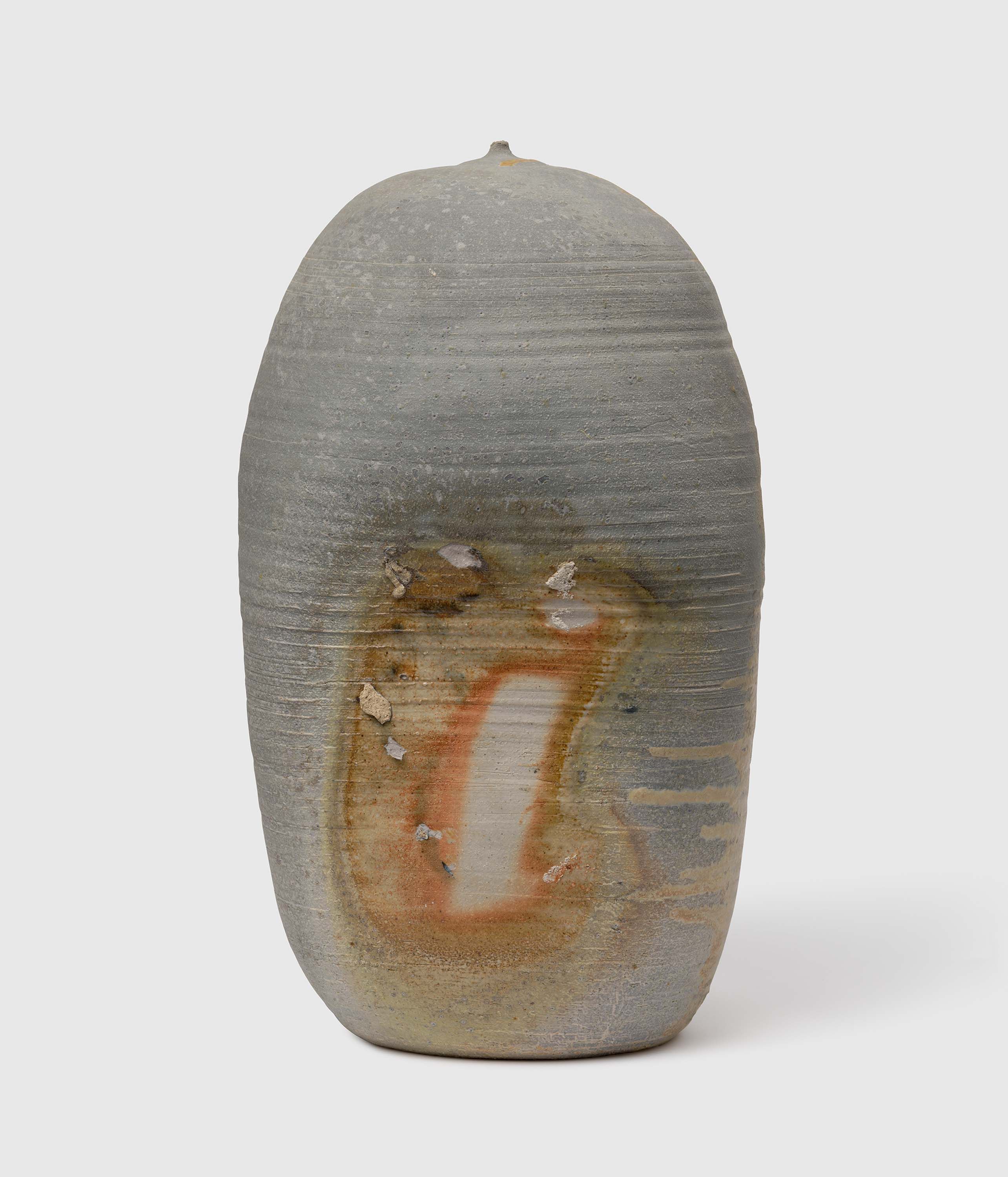 A sculpture by Toshiko Takaezu, titled Anagama (Wood Fired) Closed Form, dated 1994.