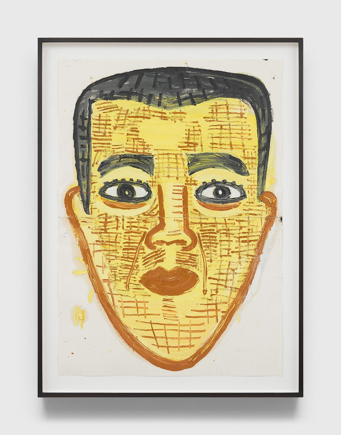A collage on paper by Rose Wylie titled, Yellow Head VI, Soldier Boy, dated 2020.