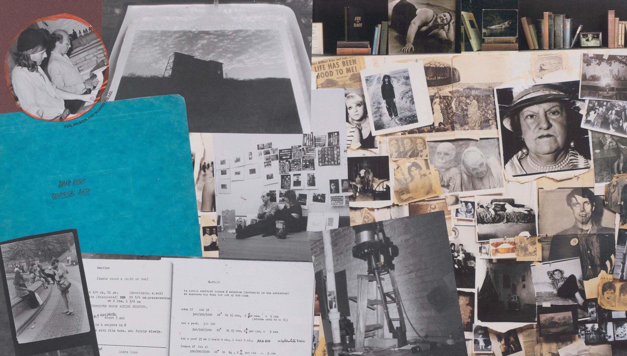 A Collaged archival materials featured in Diane Arbus: Documents, co-published by David Zwirner Books and Fraenkel Gallery, dated 2022.