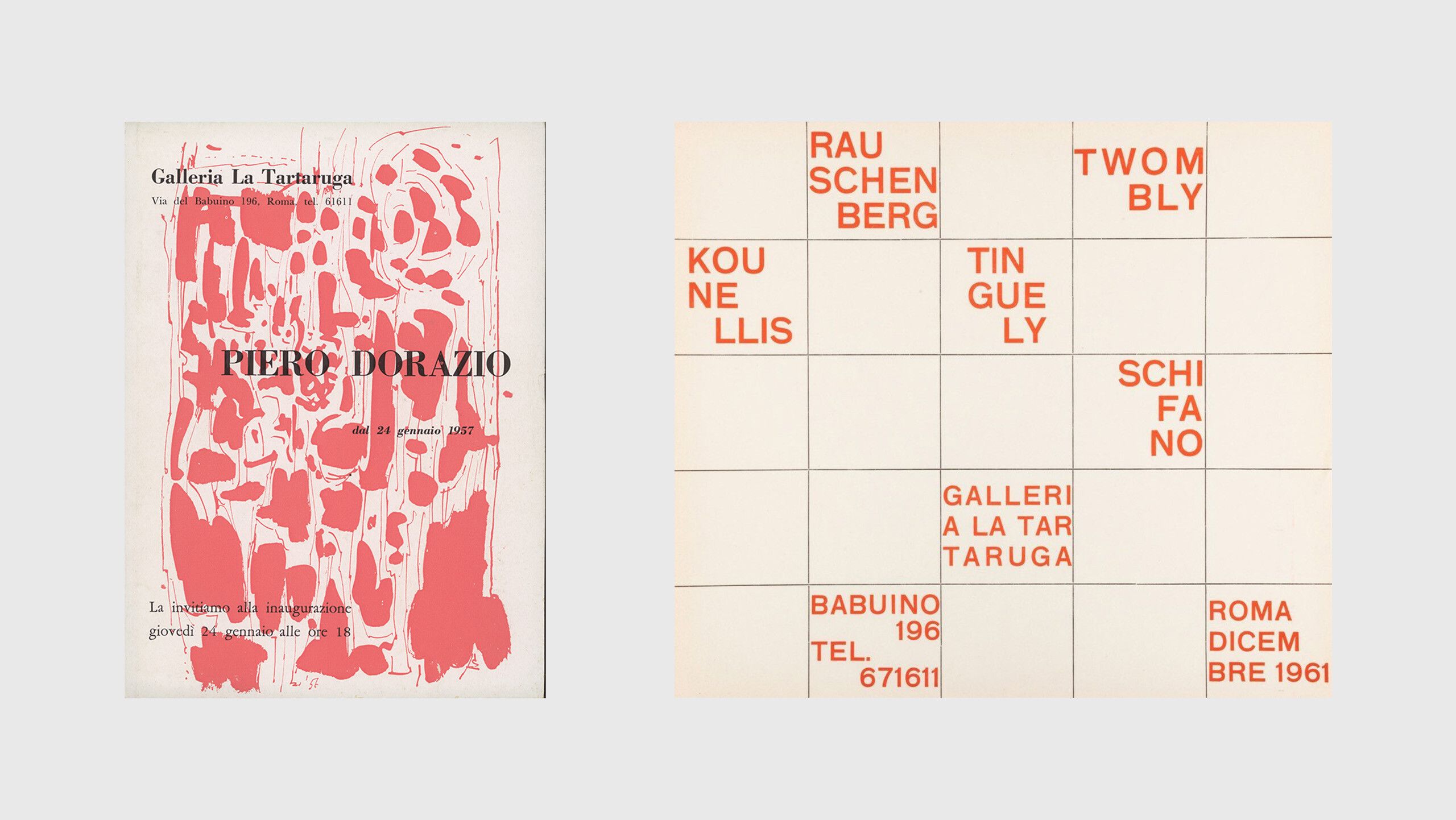 Invitation flyer for Piero Dorazio, Galleria La Tartaruga, Rome, opened January 24, 1957. (left); Galleria La Tartaruga exhibition invitation, 1961 (right)