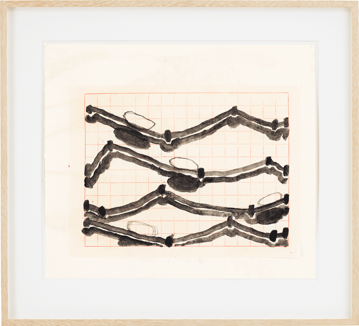 An ink and acrylic mica mortar drawing on Chinese graph paper collaged to paper by Al Taylor, titled, Untitled (Wave Theory with Floaters), dated 1998.