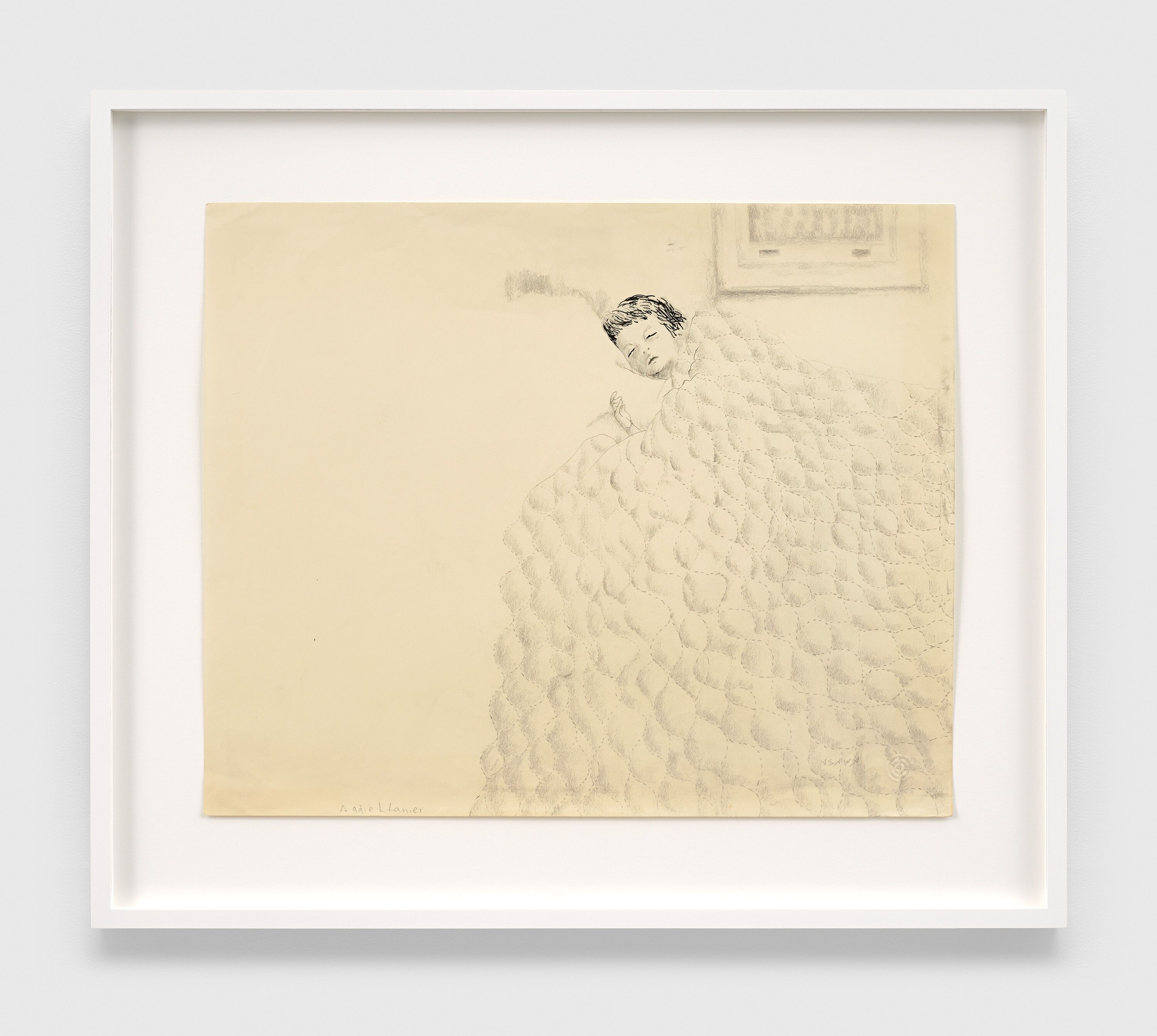 A pen and black ink and graphite pencil on paper artwork by Ruth Asawa, titled Addie L. Lanier (FF.033, Addie Laurie Lanier Sleeping Underneath a Large Quilt), circa 1962 to 1963.