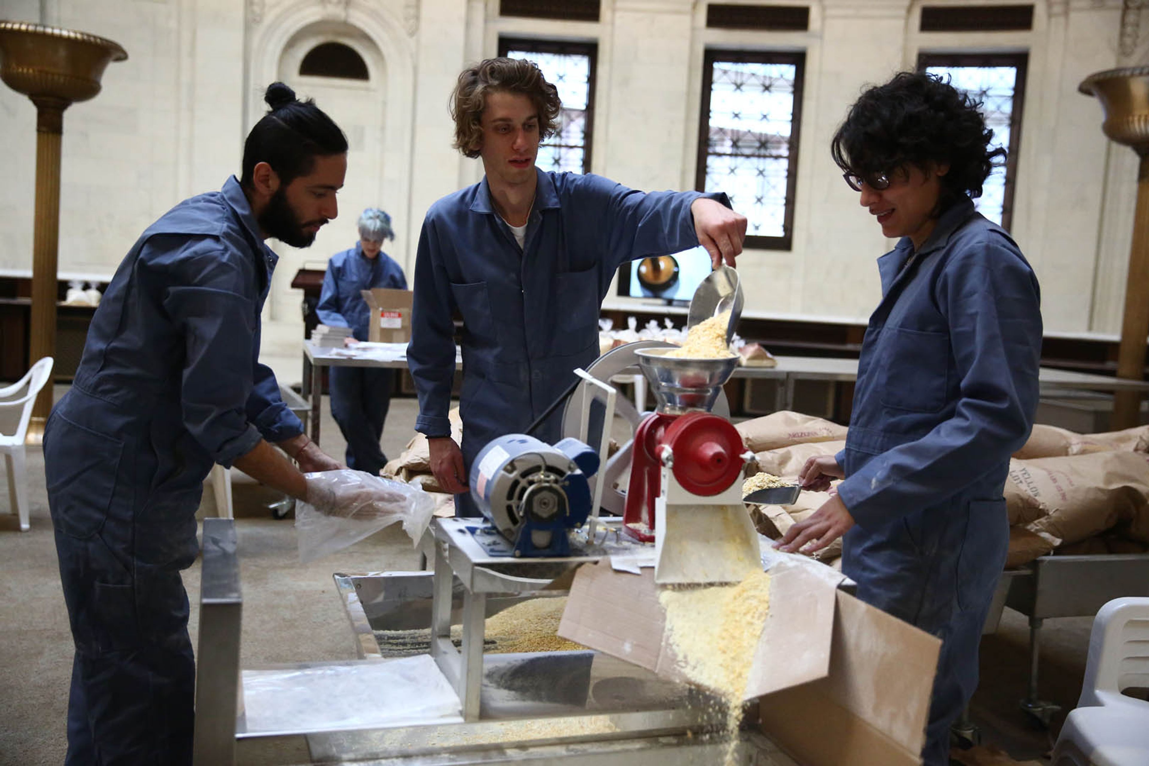 An installation and live work titled Oscar Murillo: Lucky dip, at the Alexander Hamilton U.S. Custom House in New York [part of Performa 15], dated 2015.