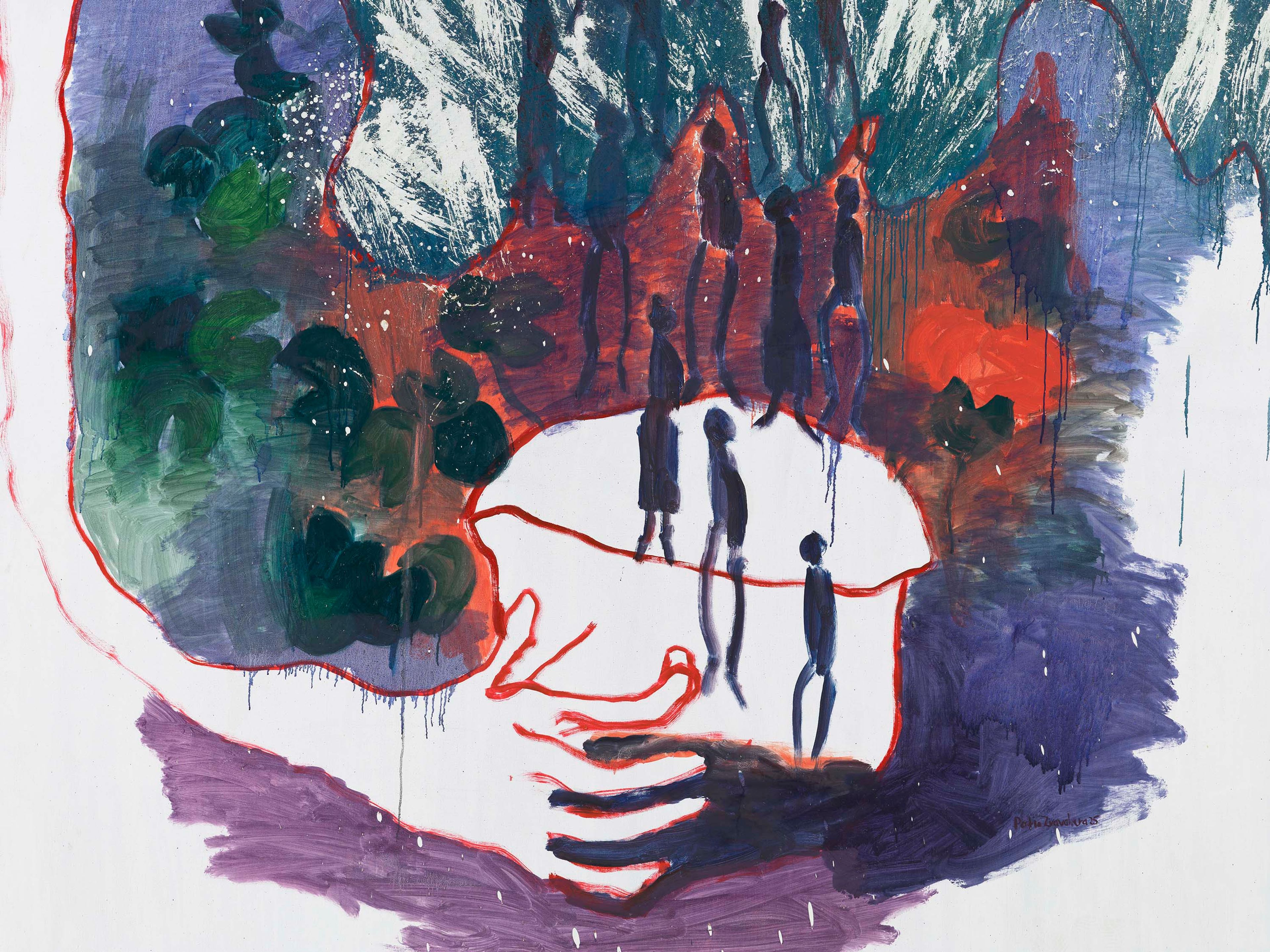 A detail from a painting by Portia Zvavahera, titled Kubuditswa muhari, dated 2025.