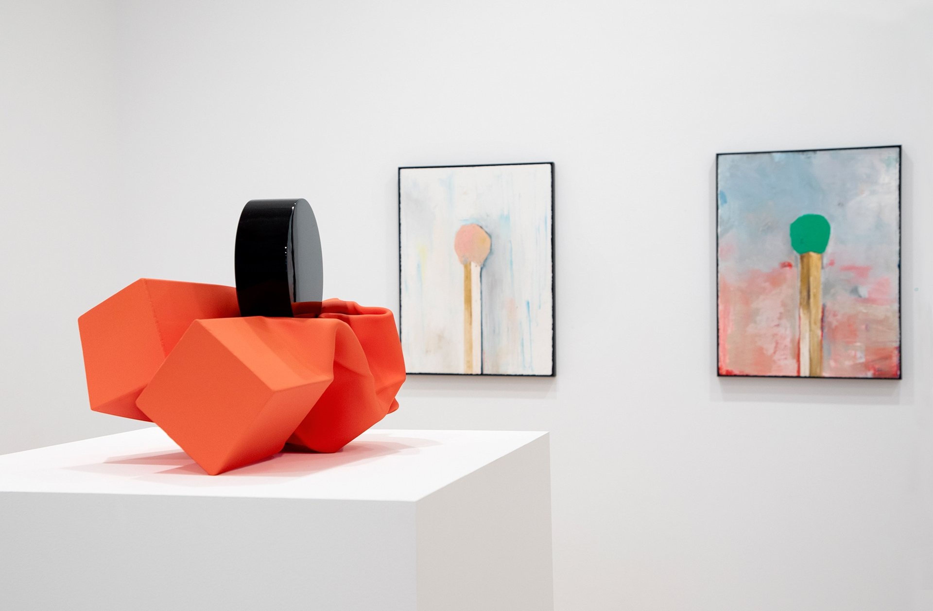 An installation view featuring works by Carol Bove and Harold Ancart, dated 2019