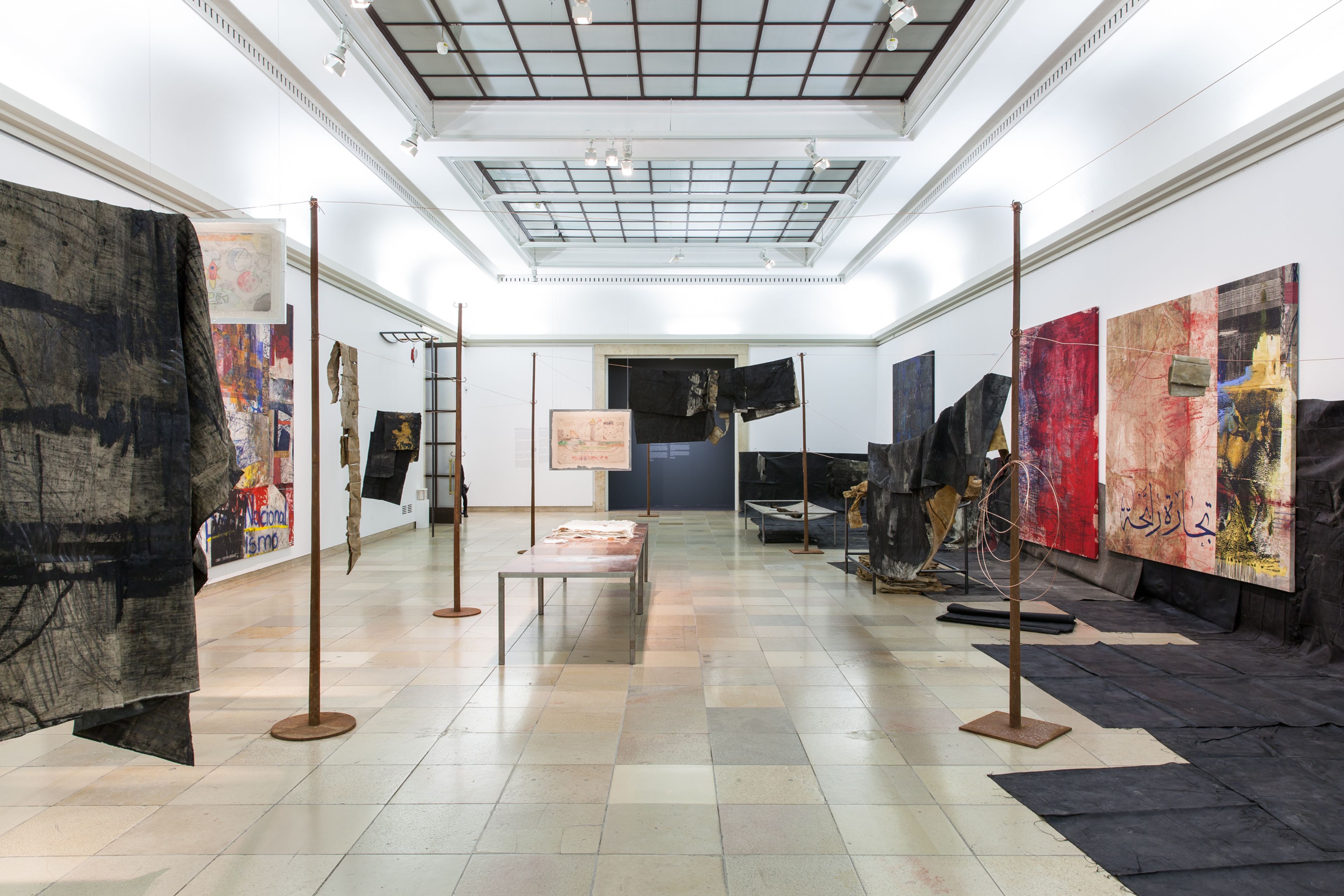 An installation view of the exhibition Oscar Murillo at Haus der Kunst in Munich, dated 2017.