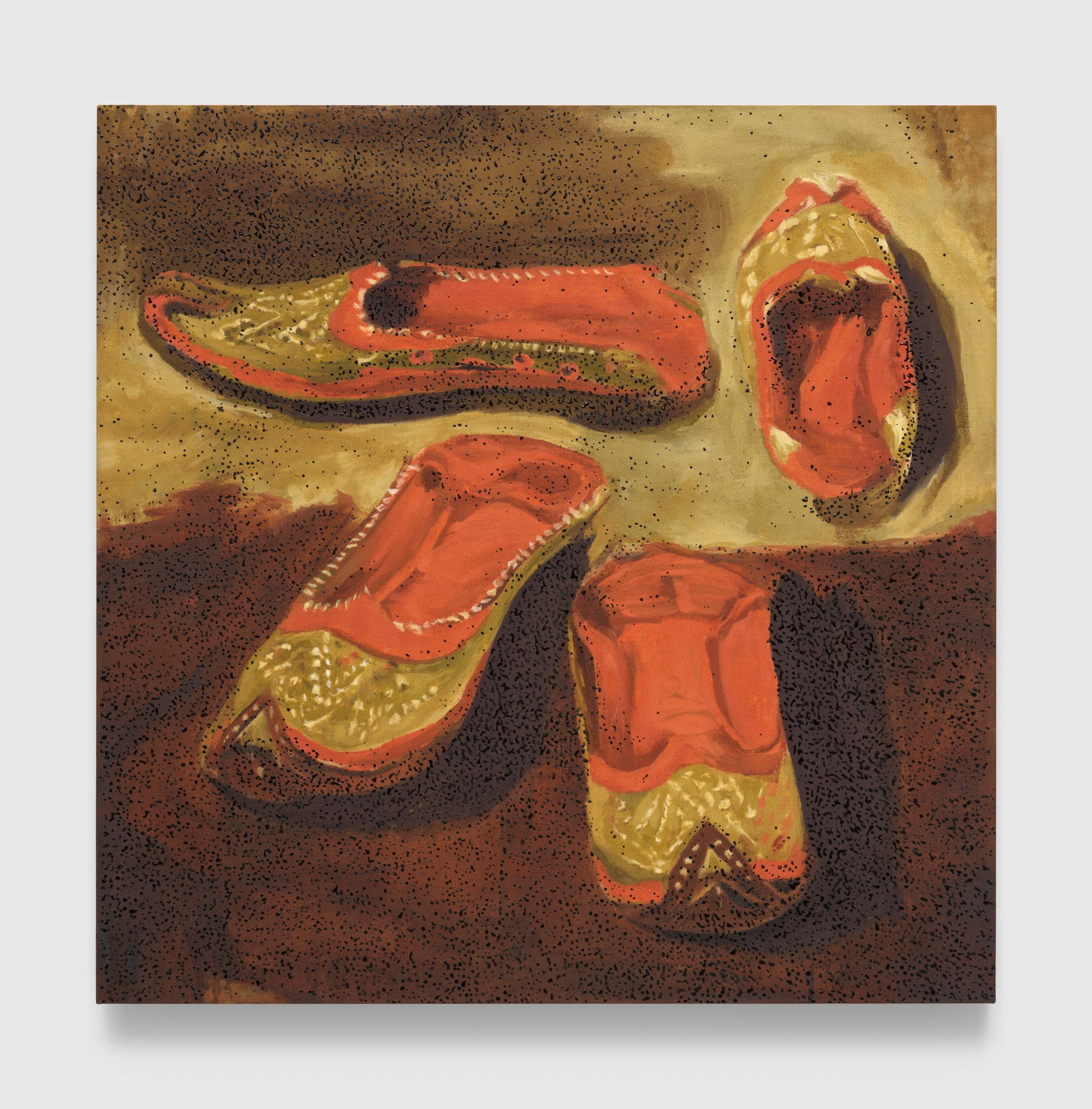 A painting by Nate Lowman, titled Postcard with Red Slippers (After Delacroix), dated 2025.