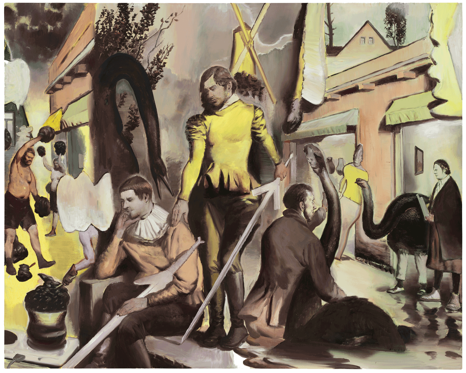 A painting by Neo Rauch, titled Die Forderung, dated 2016.