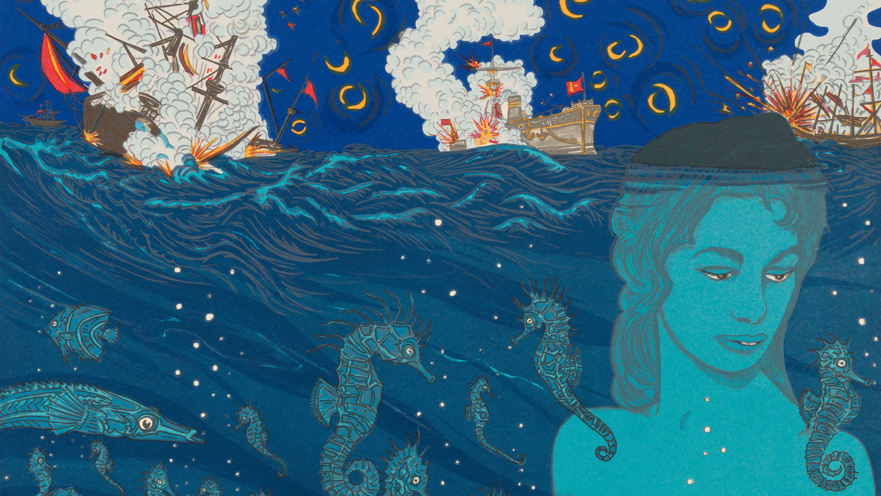 Detail of a work by Marcel Dzama titled, "And now we have Mother Nature on the run," dated 2021