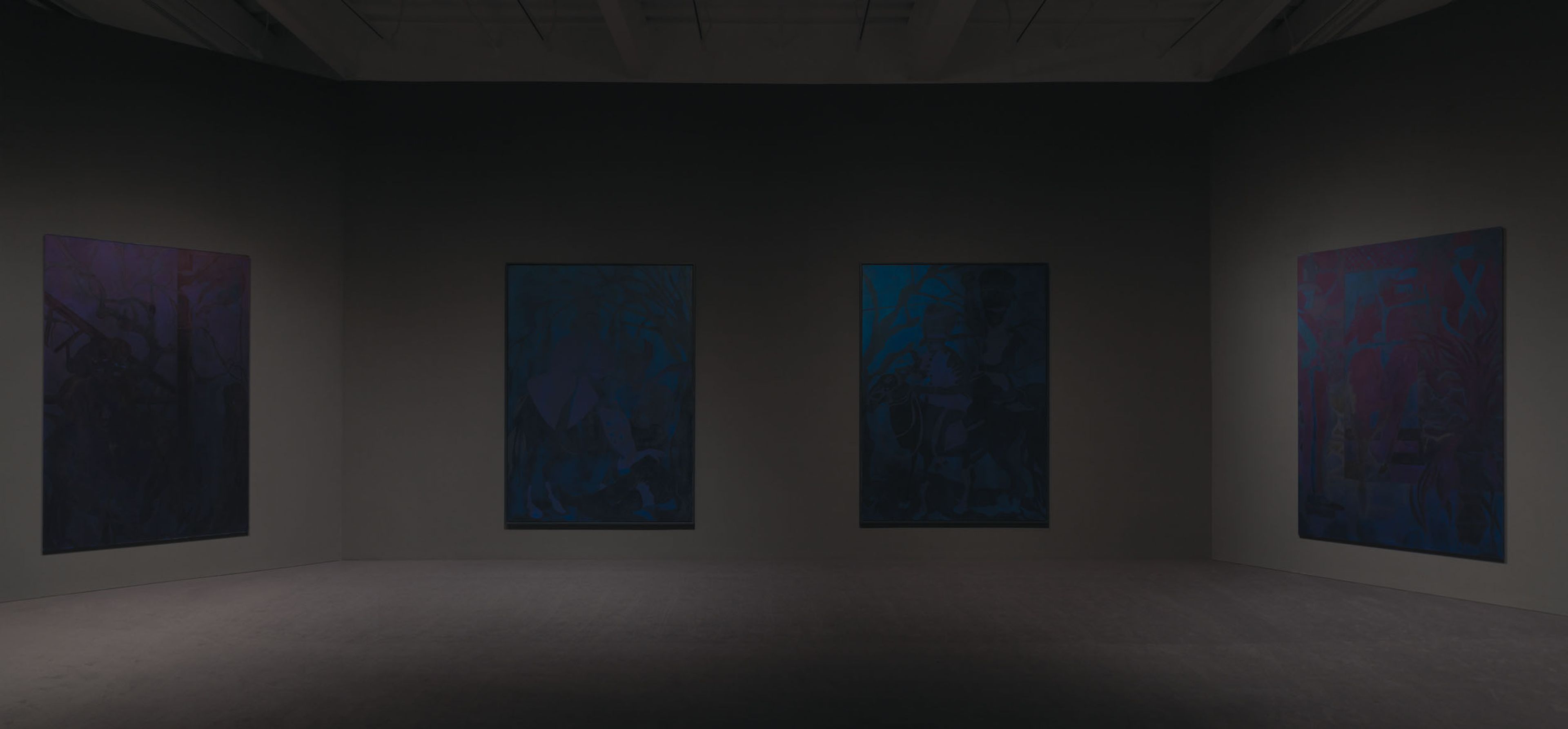 Installation view of the exhibition, Chris Ofili: Night and Day, at the New Museum in New York, dated 2014.