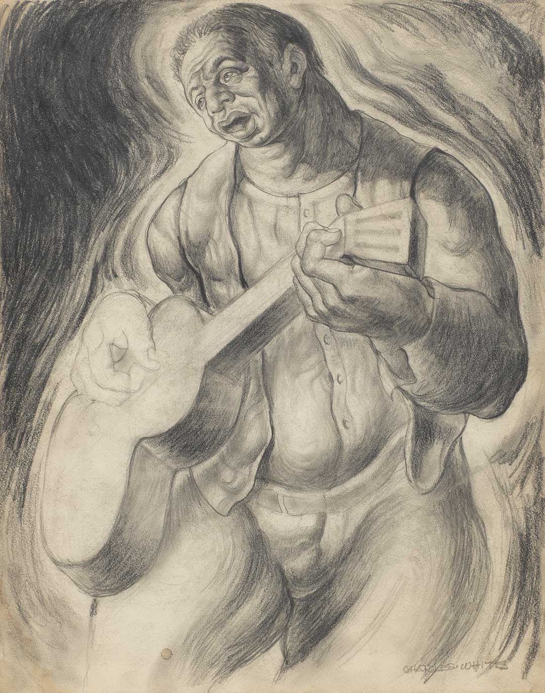 A drawing on paper by Charles White, titled Gig, circa 1940. 