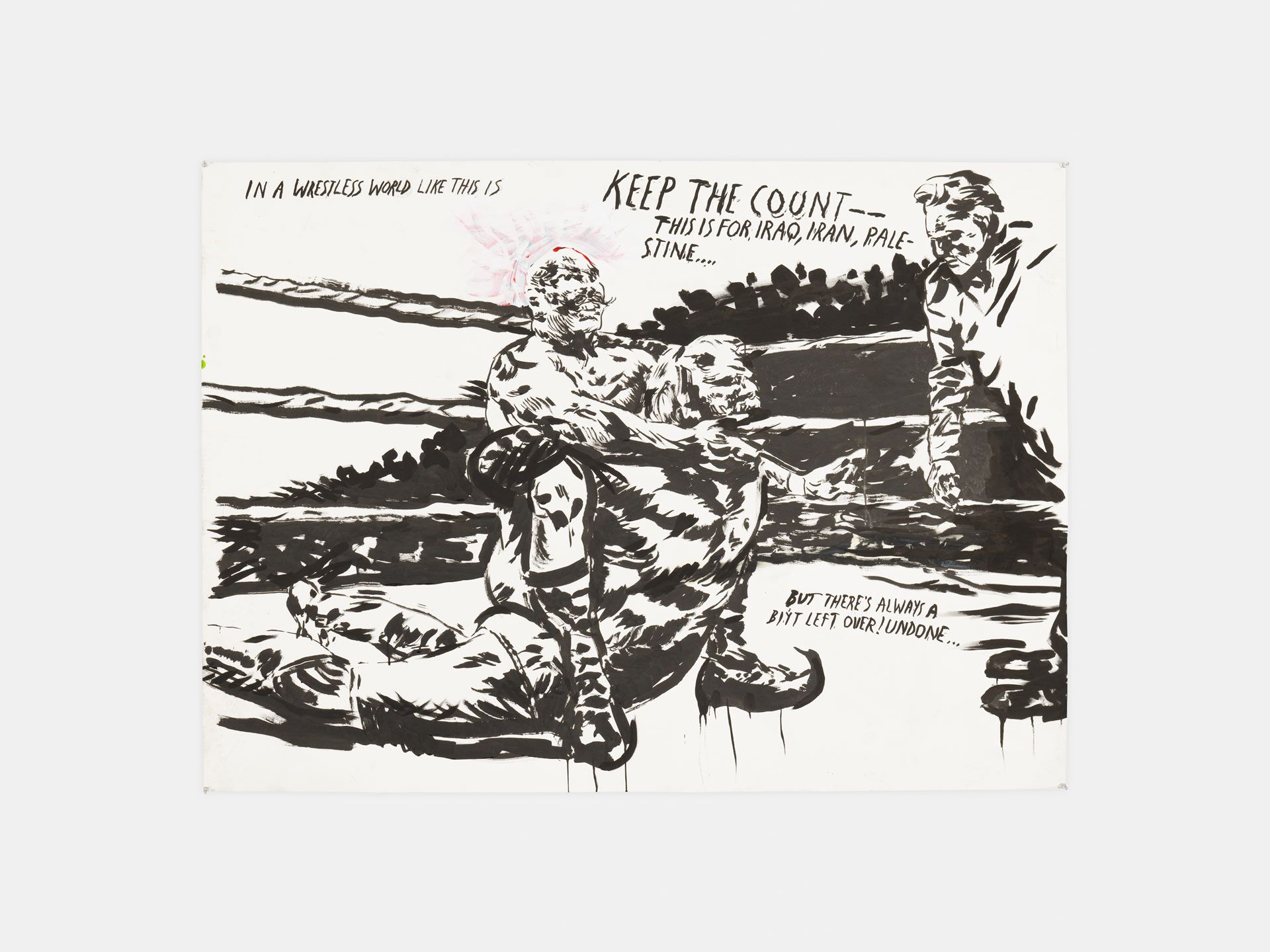 A drawing by Raymond Pettibon, titled No Title (In a wrestless...), dated 2017.