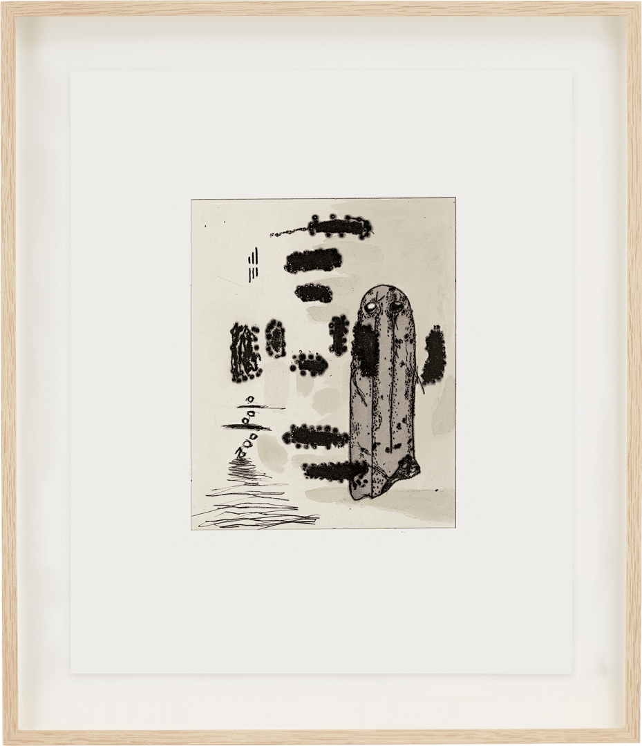 A drypoint and machine grinding print in black ink and watercolor with hand-punched holes by Al Taylor, dated 1988.