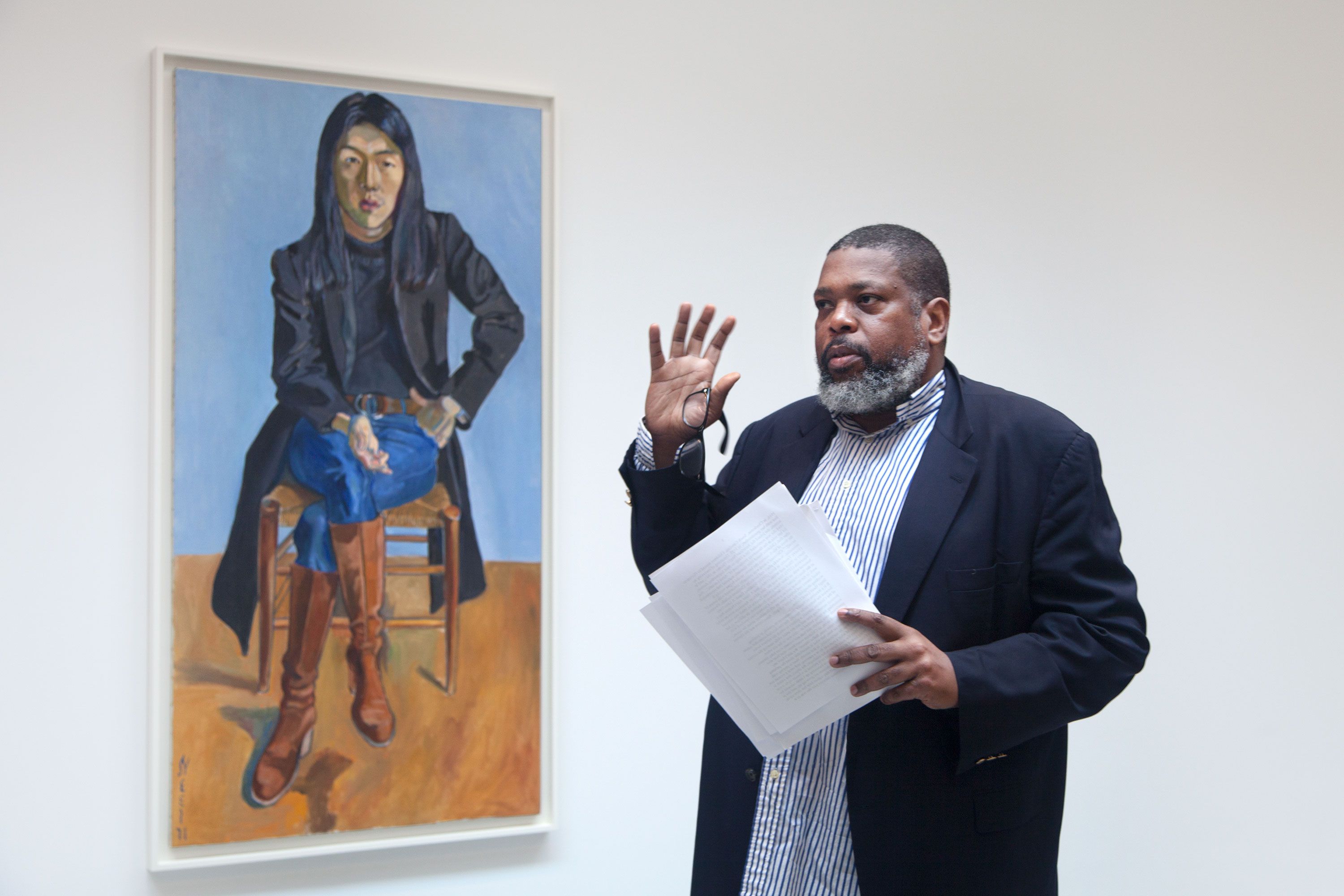 Installation view of Hilton Als walkthrough of the exhibition, Alice Neel, Uptown, curated by Hilton Als, at David Zwirner in New York, dated 2017.