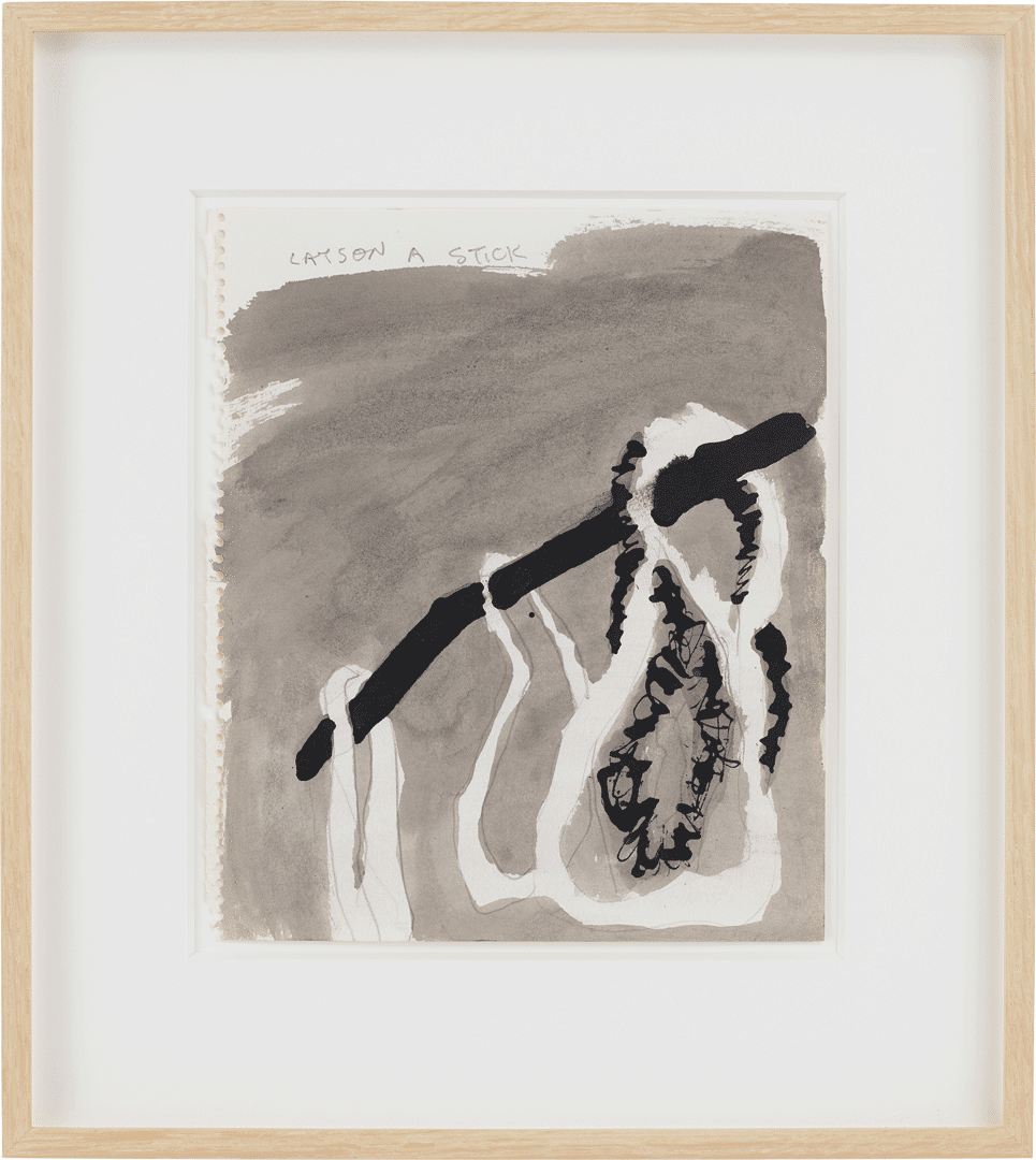 A pencil, gouache, and ink drawing on paper torn from spiral ring sketchbook by Al Taylor, titled Layson a Stick, dated 1989.