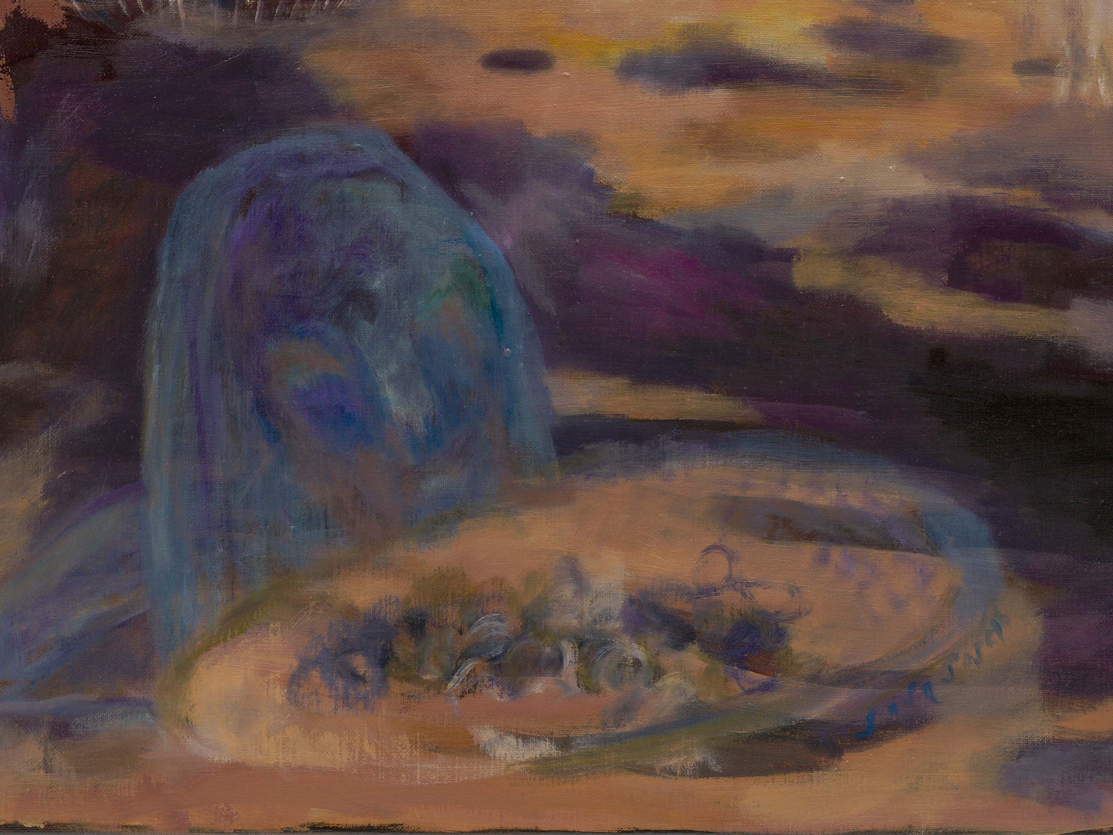 A detail from a painting by Sosa Joseph, titled Clam diving by night, dated 2025.