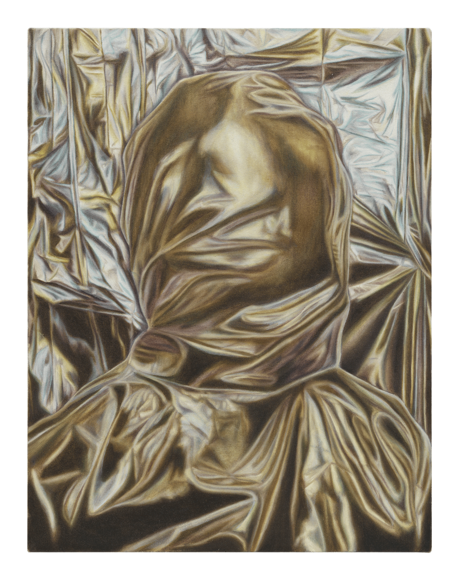 A painting by Kevin Mosca, titled The healing touch of a garment, dated 2018