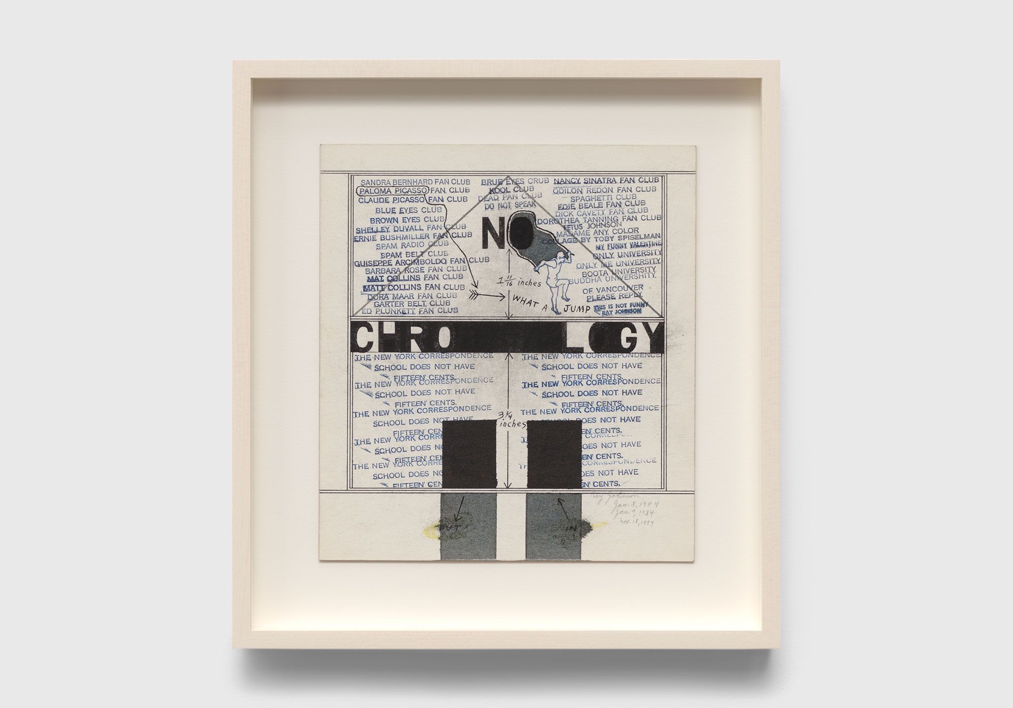 A collage on illustration board by Ray Johnson, titled Untitled (No Chronology), dated 1984.
