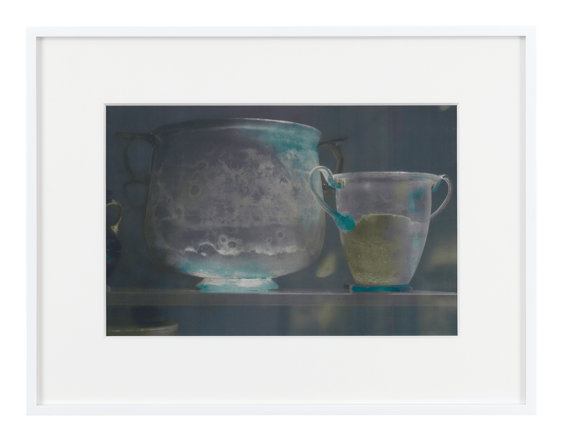 An electrostatic print with oil pigment on polyester by James Welling, titled Roman Glassware, dated 2020.