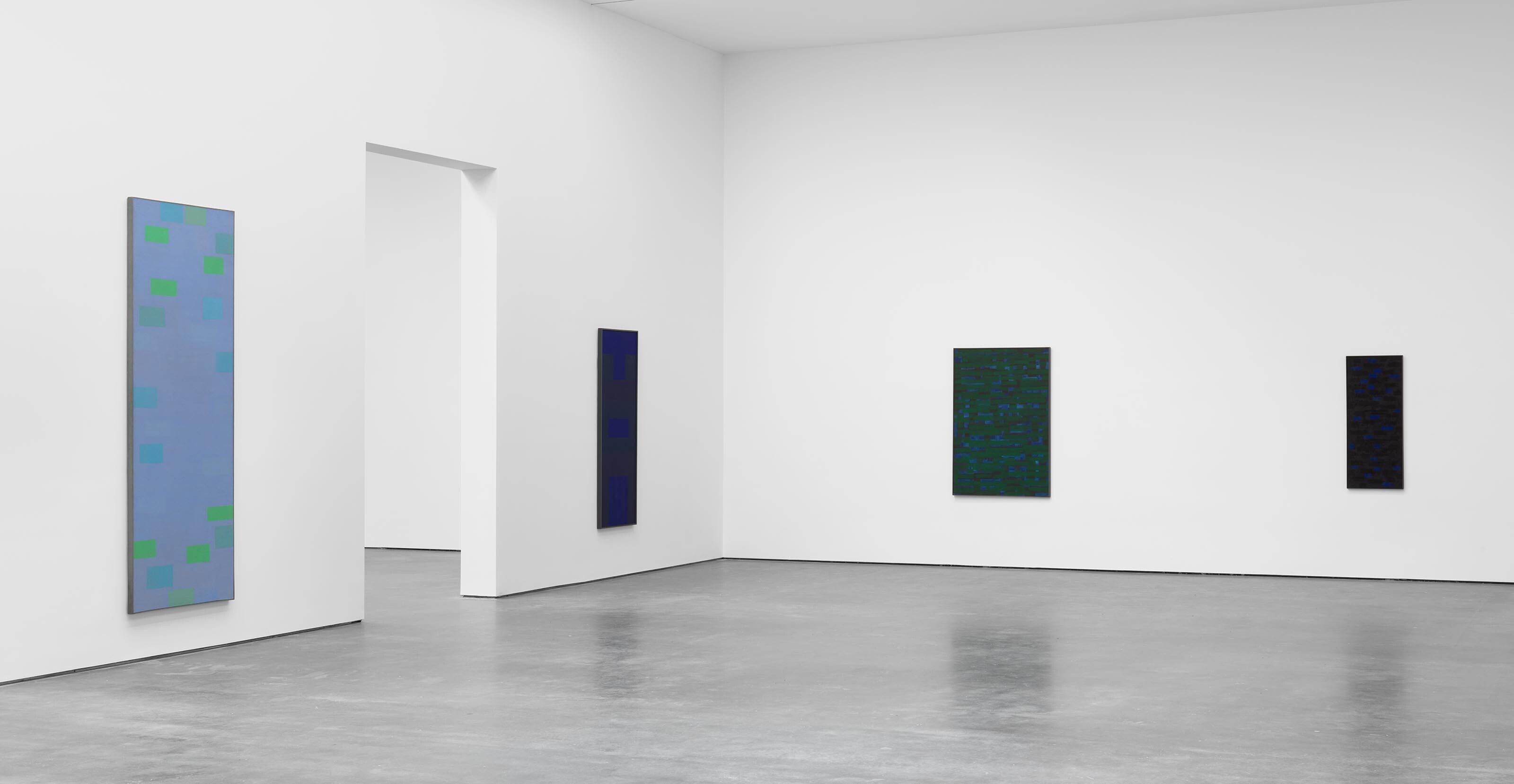 Installation view of the exhibition Ad Reinhardt: Blue Paintings, at David Zwirner in New York, dated 2017.
