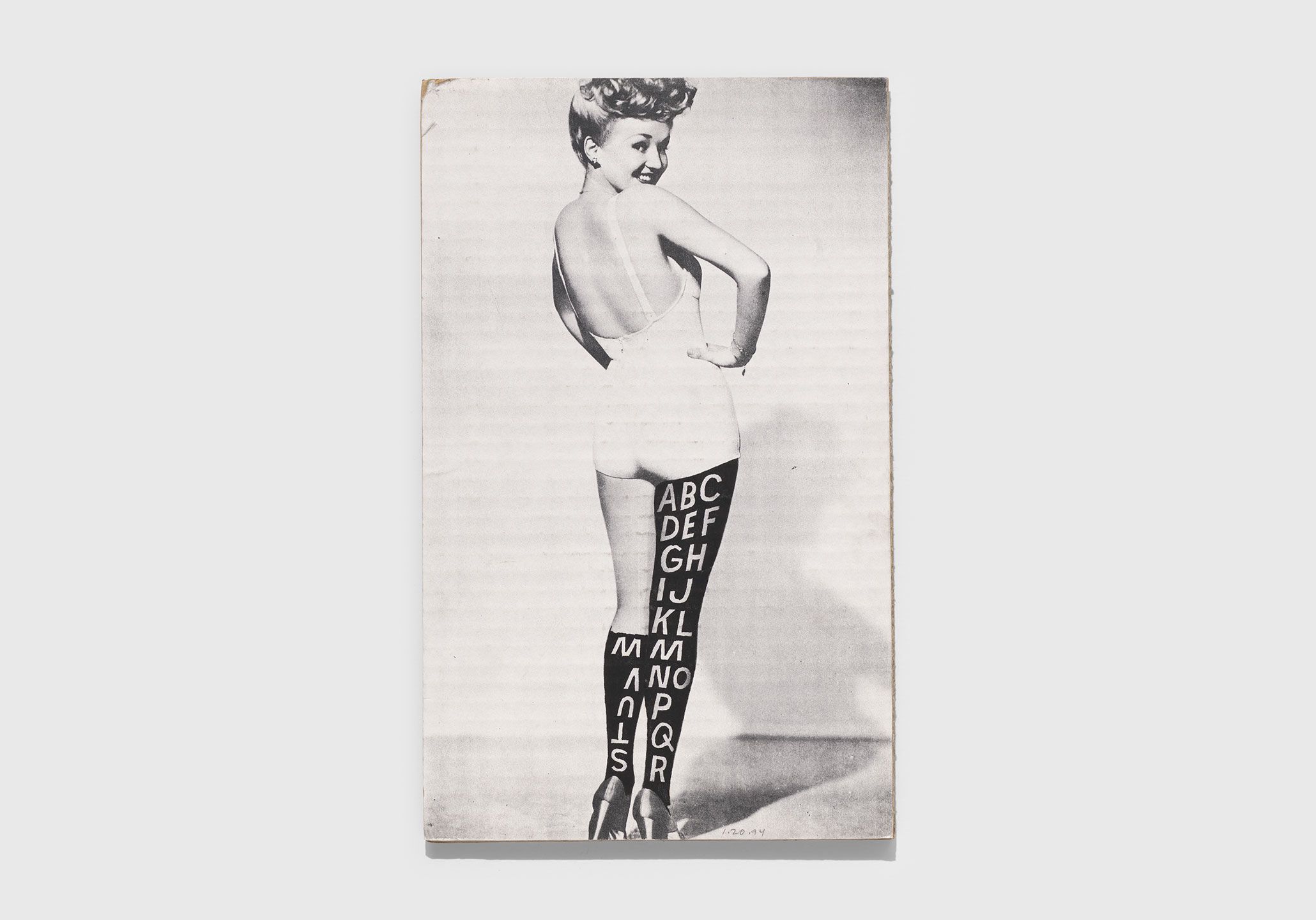 A collage on cardboard by Ray Johnson, titled Untitled (Betty Grable with Alphabet), dated 1994.