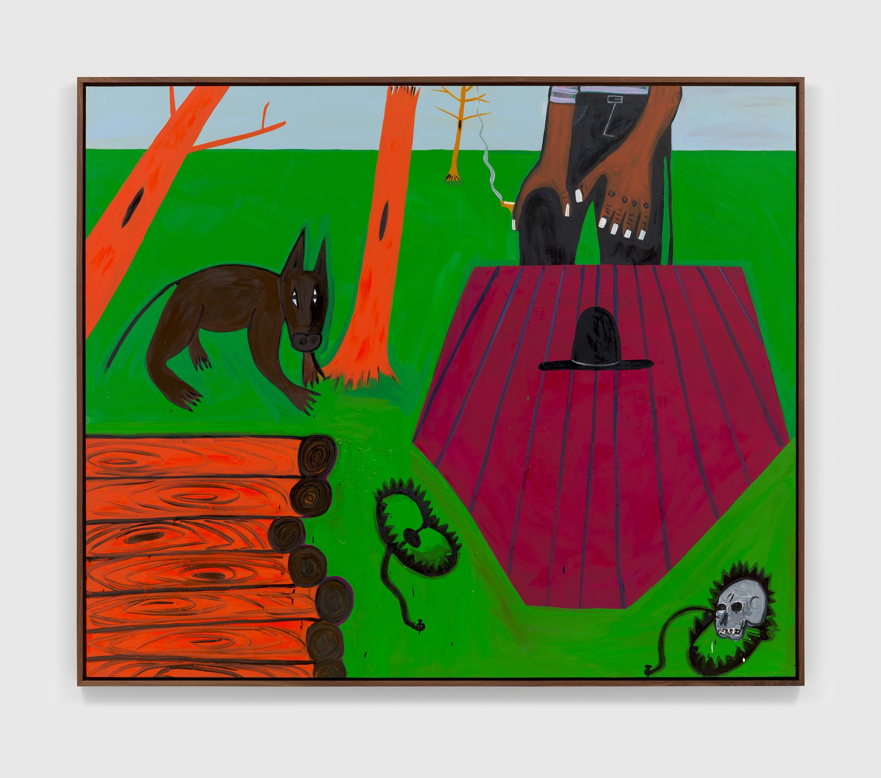 A painting by Marcus Jahmal, titled Tree stack and smoke break, dated 2023.
