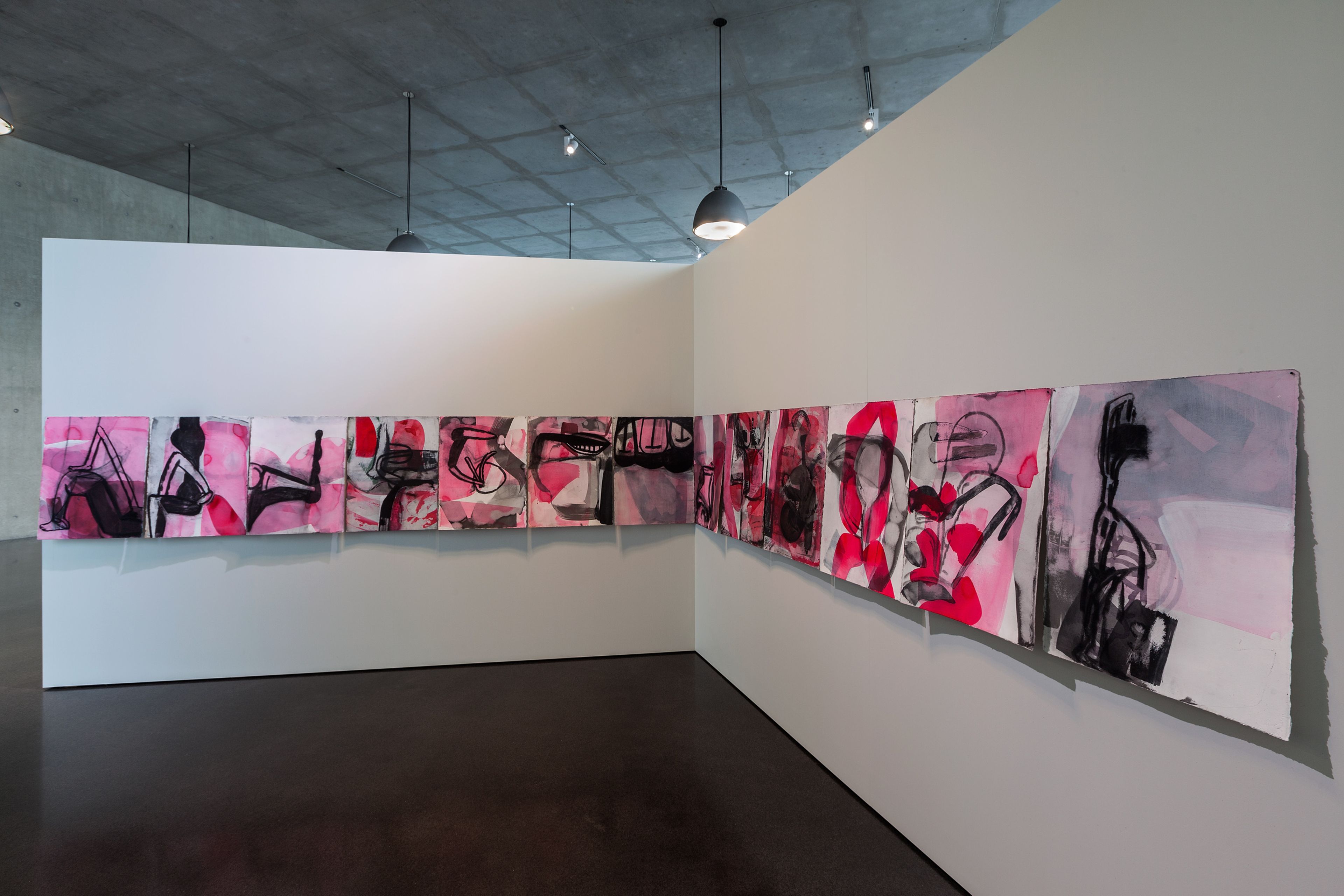Installation view of the exhibition by Amy Sillman titled Yes & No at Kunsthaus Bregenz in Bregenz, Austria, dated 2015-2016.