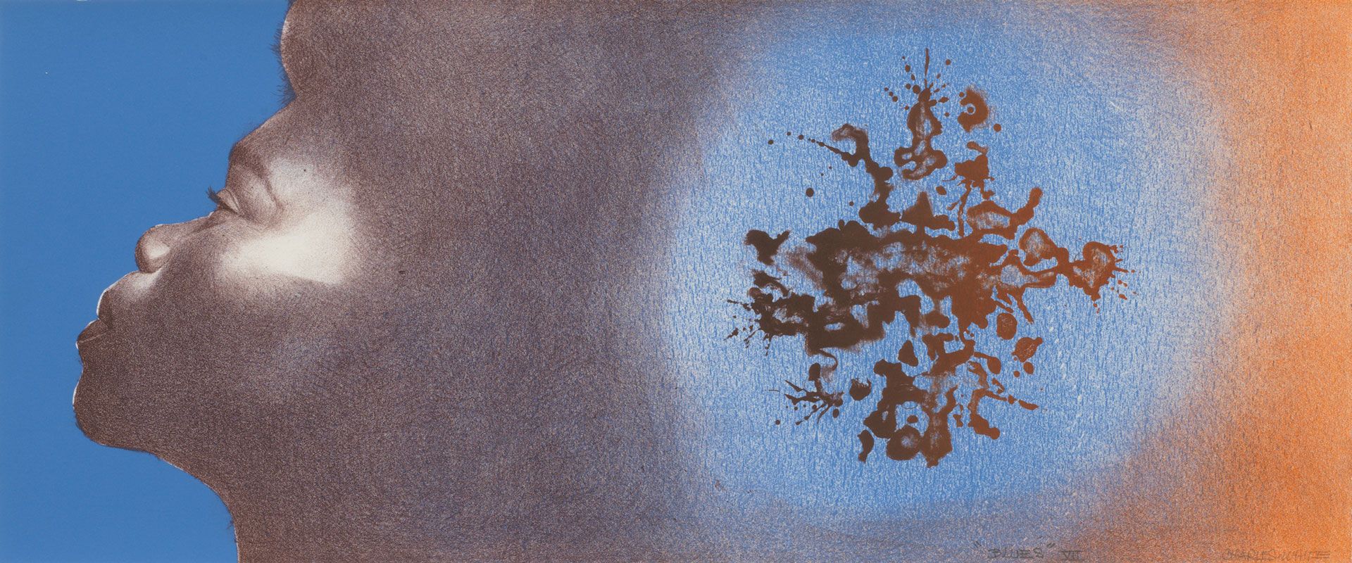 A lithograph on paper by Charles White, titled Blues, dated 1971.