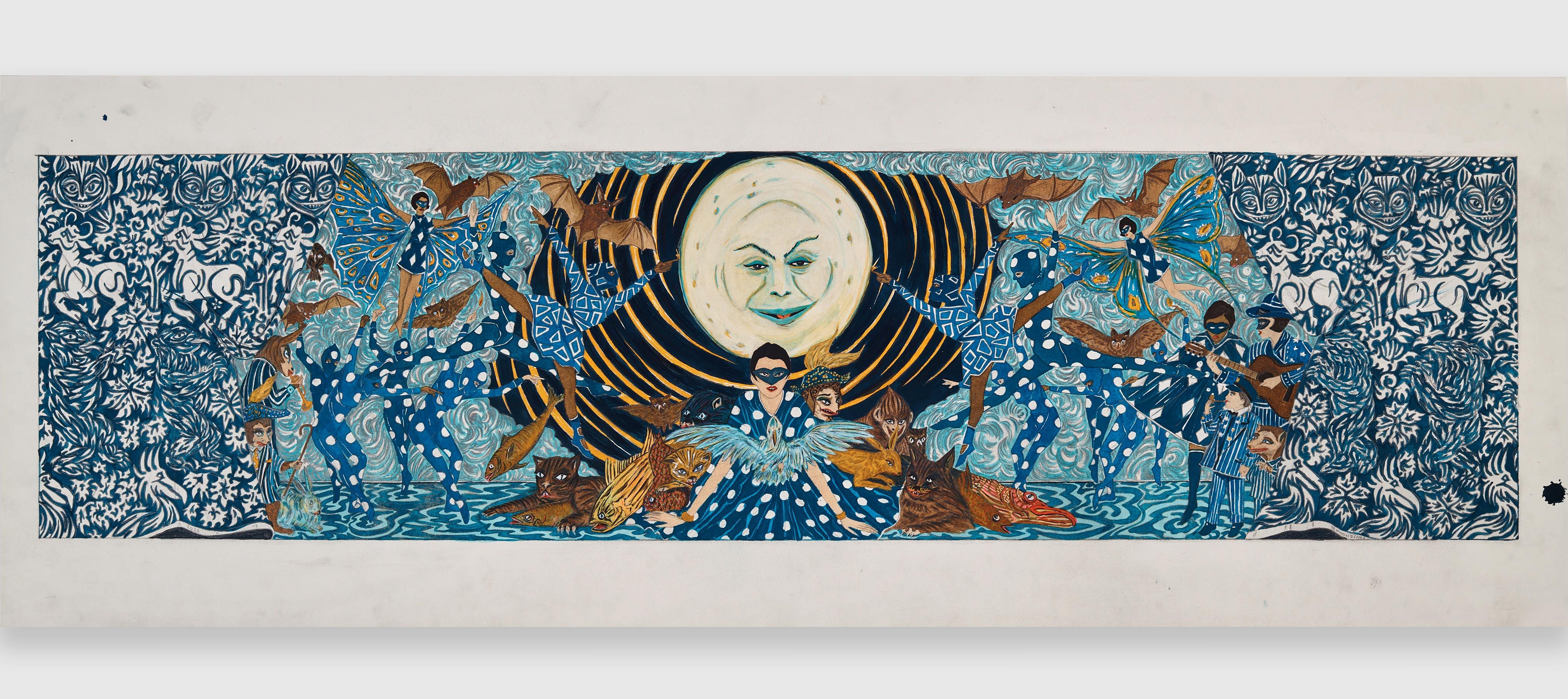 A mixed media artwork by Marcel Dzama, titled Blue Moon, dated 2020.