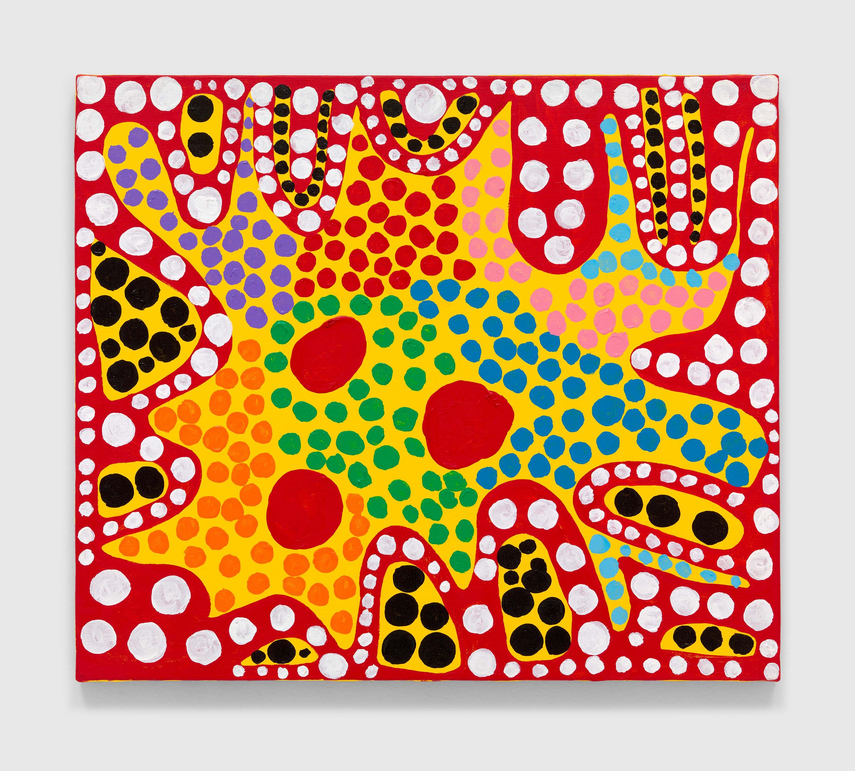A painting by Yayoi Kusama, titled Youth Accompanied by Both Death and Life   Creeping Up Silently behind You   As Art within Youth   As Destiny!, dated 2021.