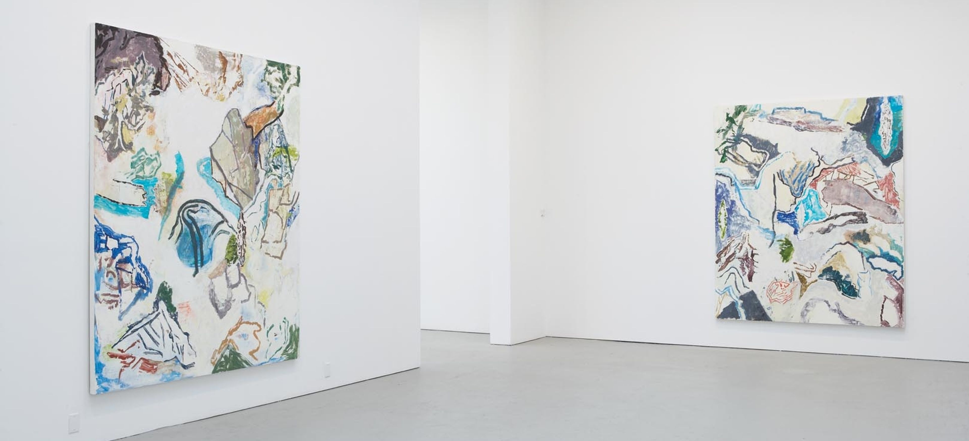 Installation view of the exhibition of recent work by three painters: Paul Bloodgood, Leonard Bullock, and Greg Kwiatek at David Zwirner in New York, dated 2008.