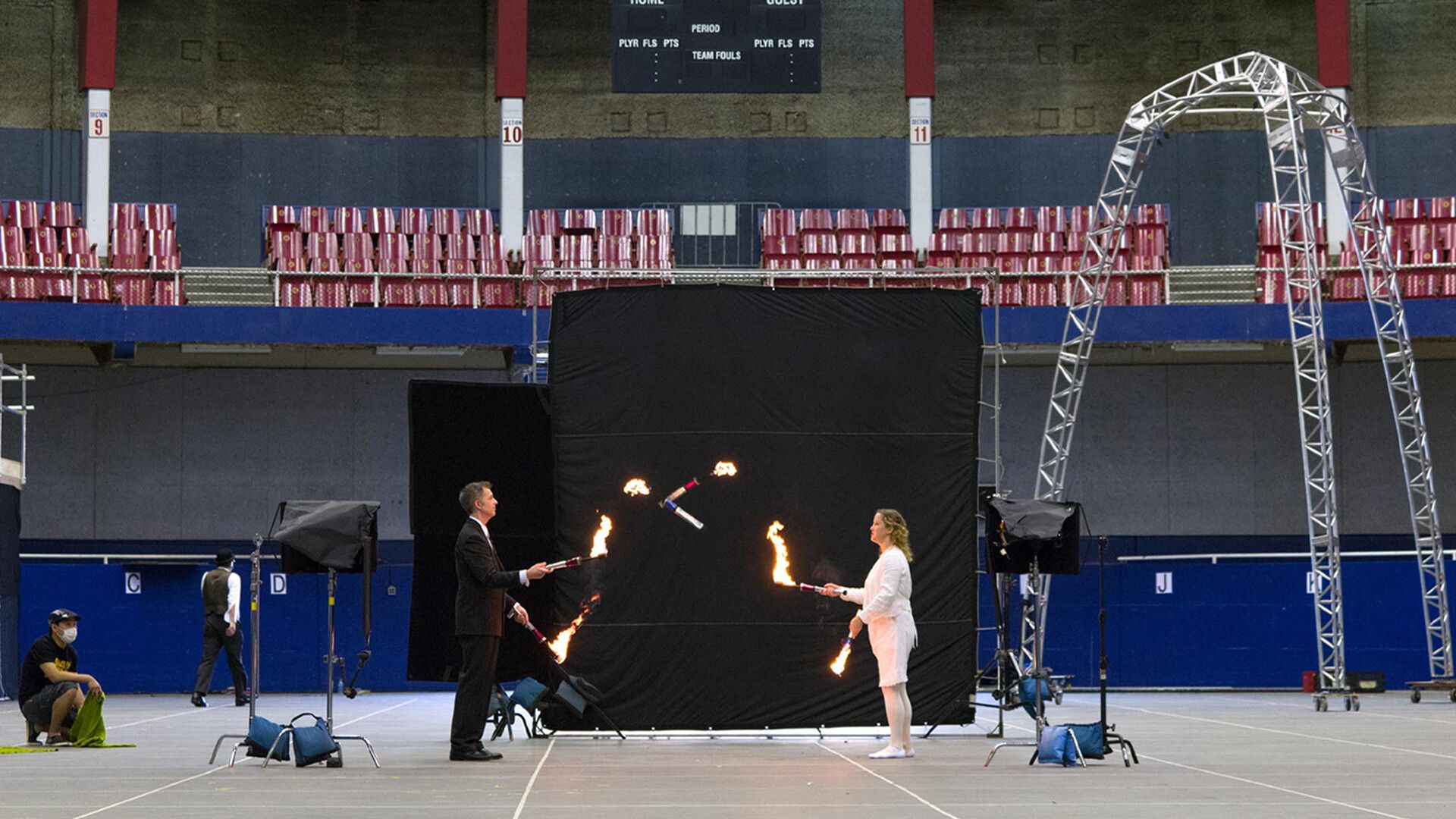 An image of actors on set at the PNE Agrodome in 2020. Photo by Evaan Kheraj