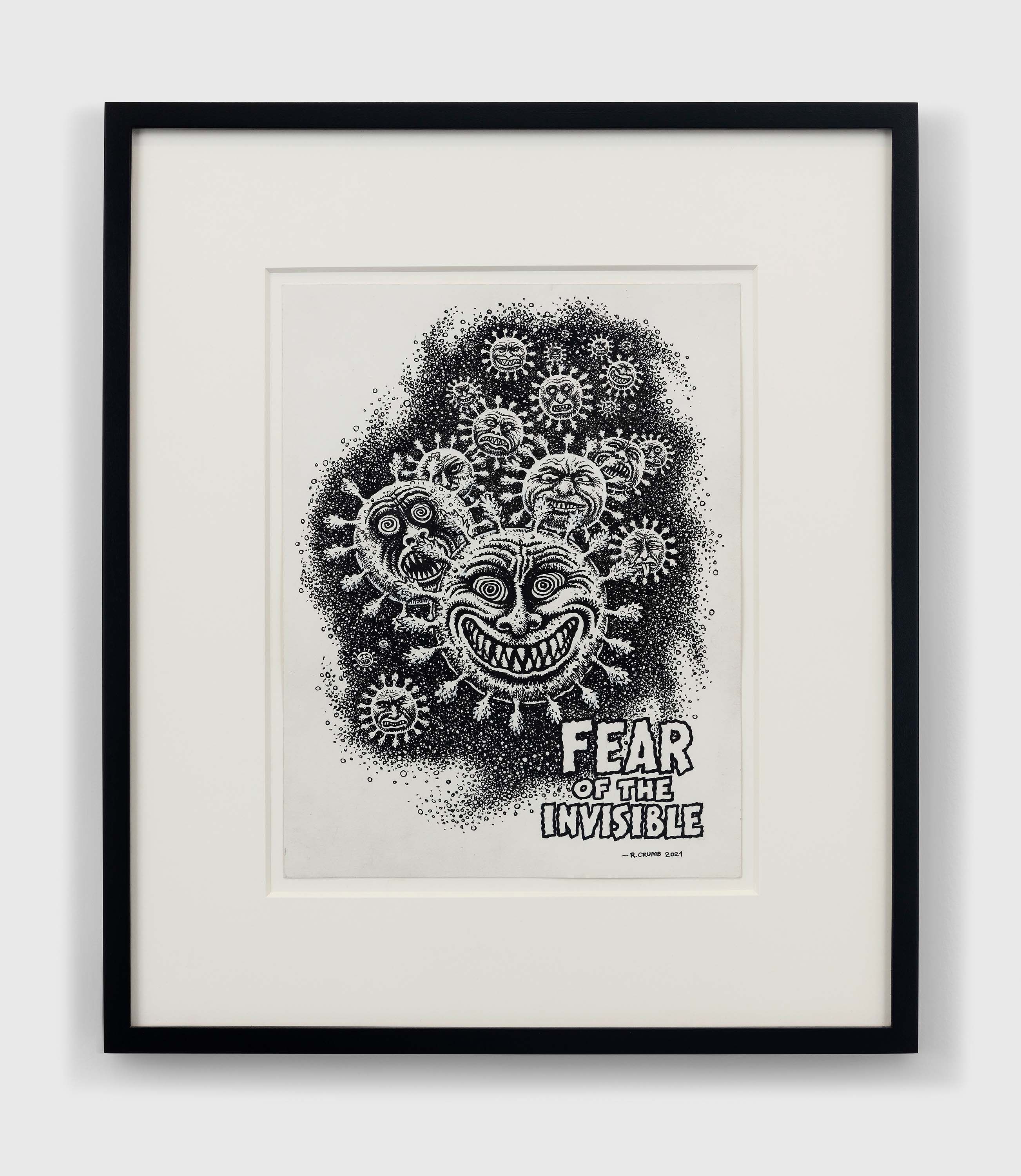 An ink on paper artwork by R. Crumb, titled Fear the Invisible, dated 2021.