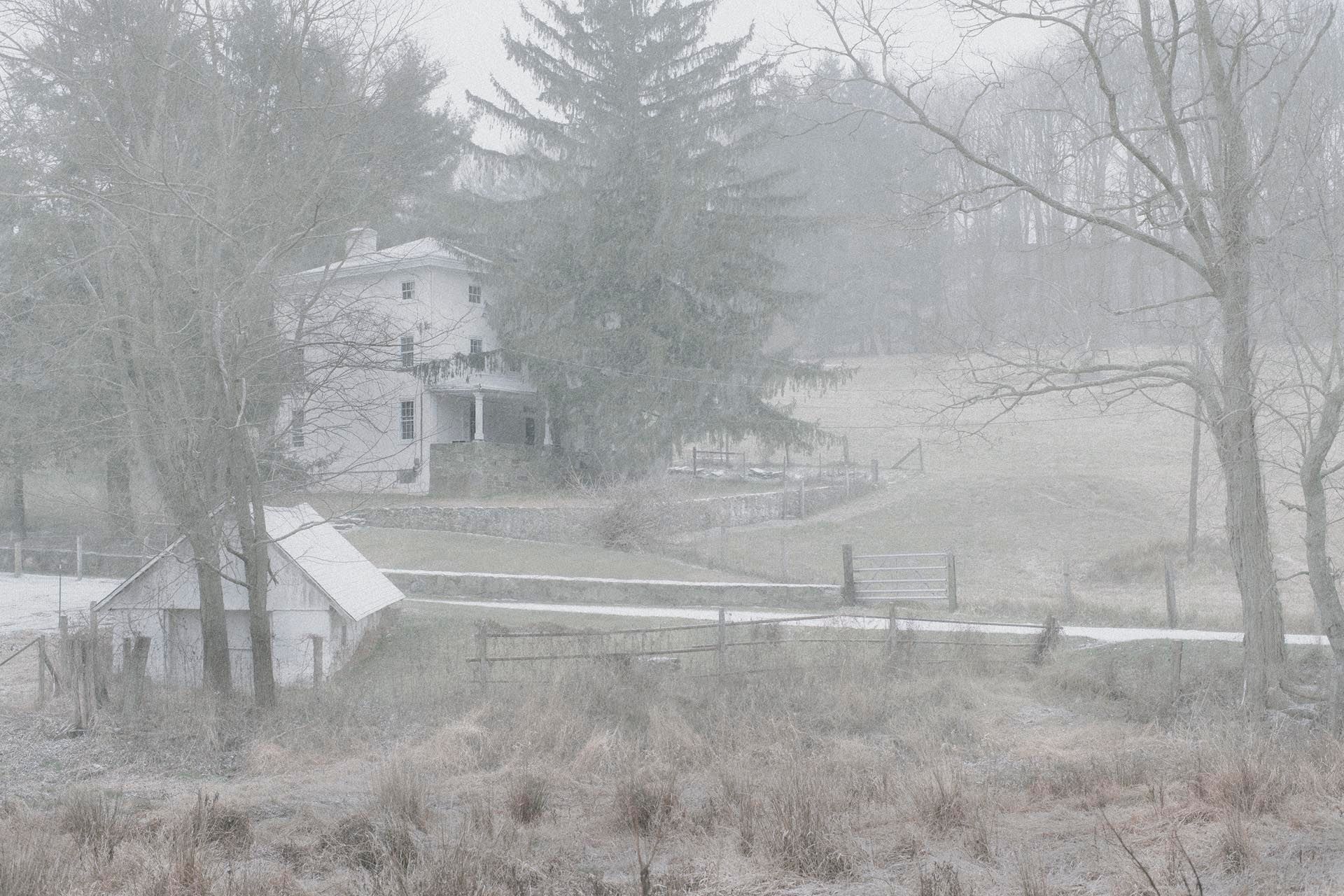 A photograph by James Welling, titled Kuerners Farm in the Snow, dated 2010. 