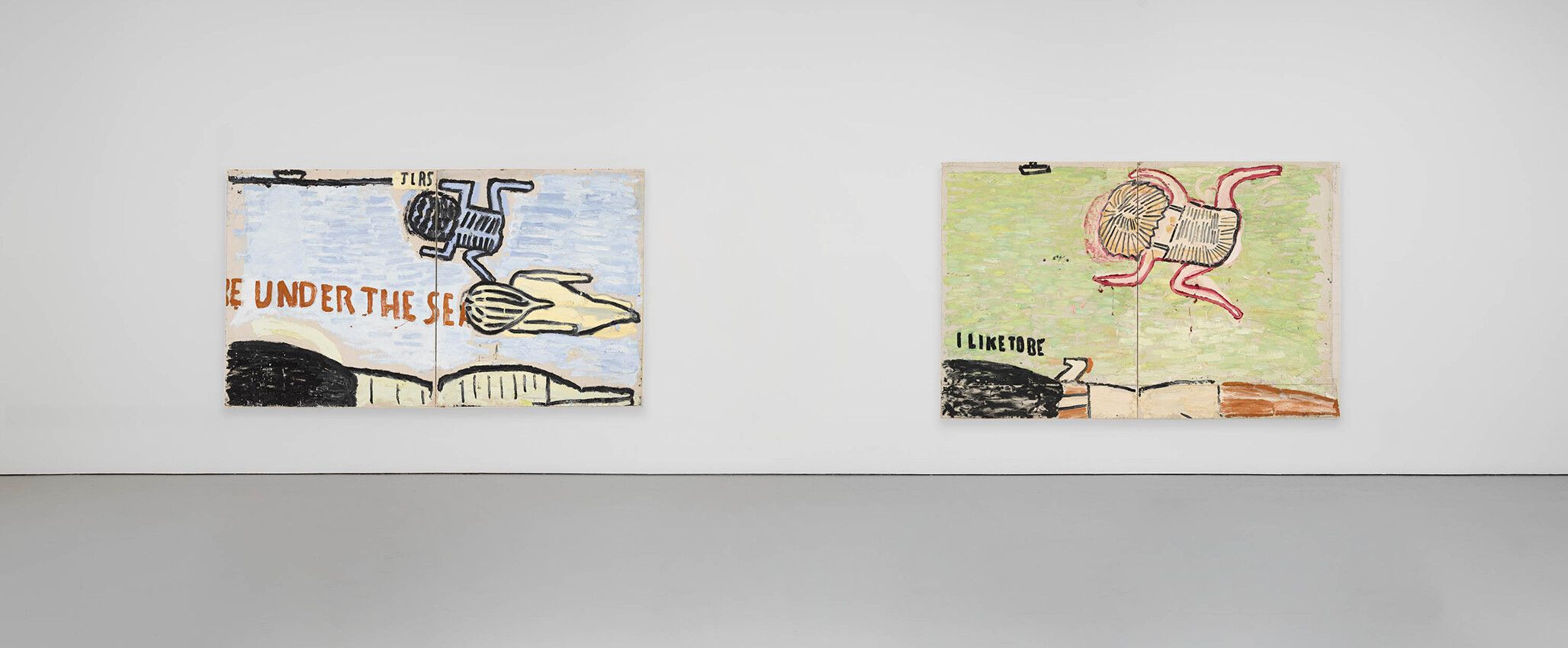 An installation view of an exhibition title Rose Wylie: Which One at David Zwirner, New York, in 2021.