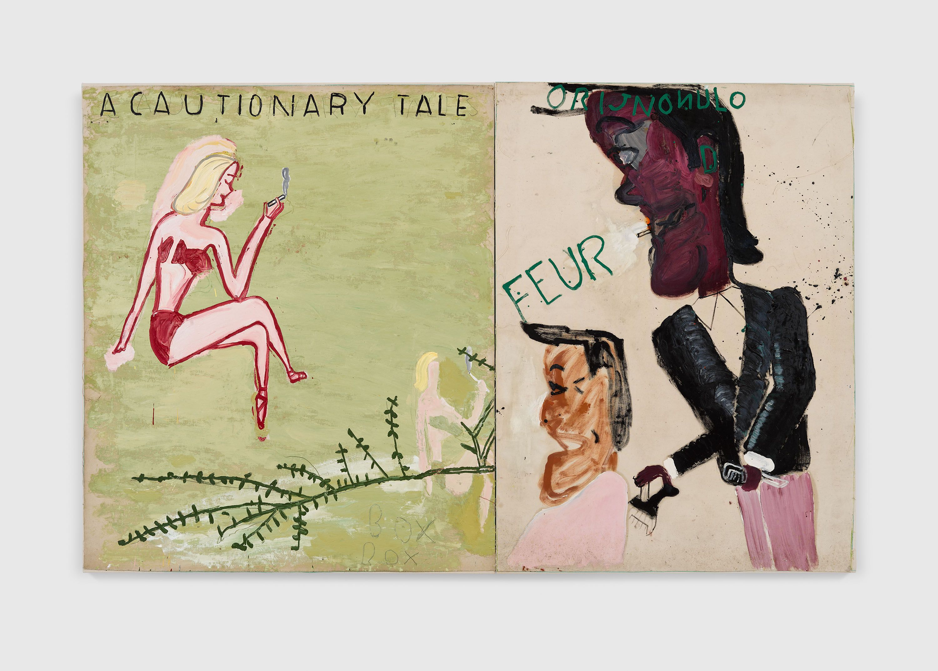 A painting by Rose Wylie, titled Pretty Girl & Mexican Barber, (cautionary tales), dated in 1991 and 2023.