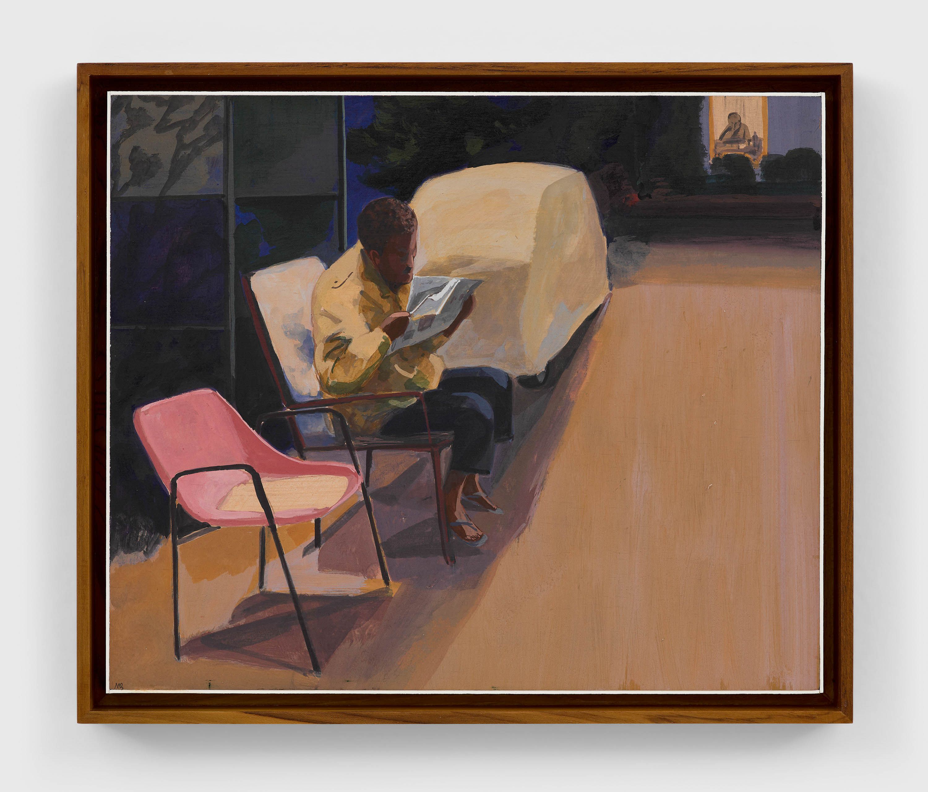 A casein on board artwork by Mahesh Baliga, titled Reader, dated 2020.