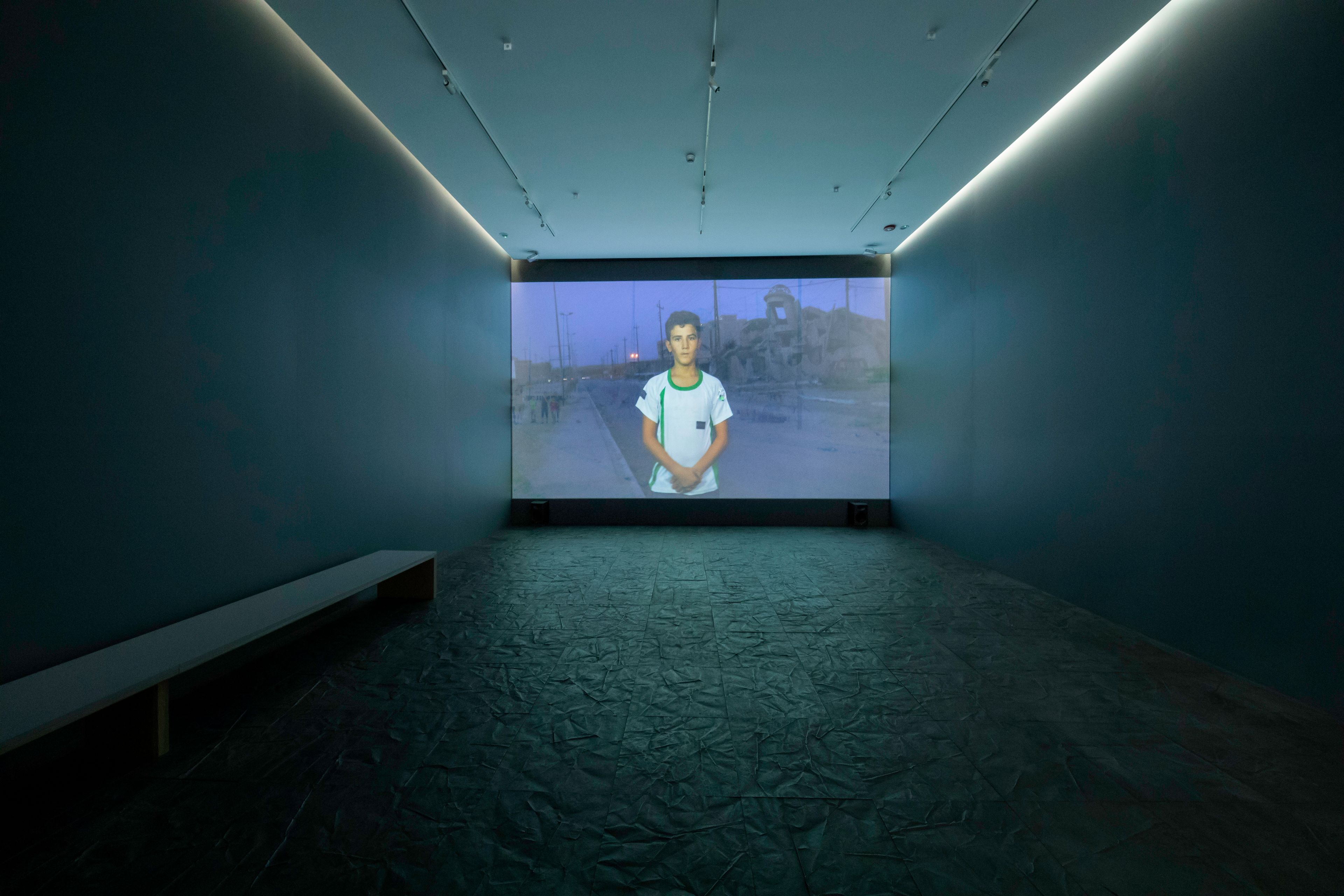 Installation view of the exhibition, Salam Tristesse: Irak, 2016–2020, at Fragmentos, Espacio de Arte y Memoria, Museo Nacional de Colombia in Bogotá, dated 2021.